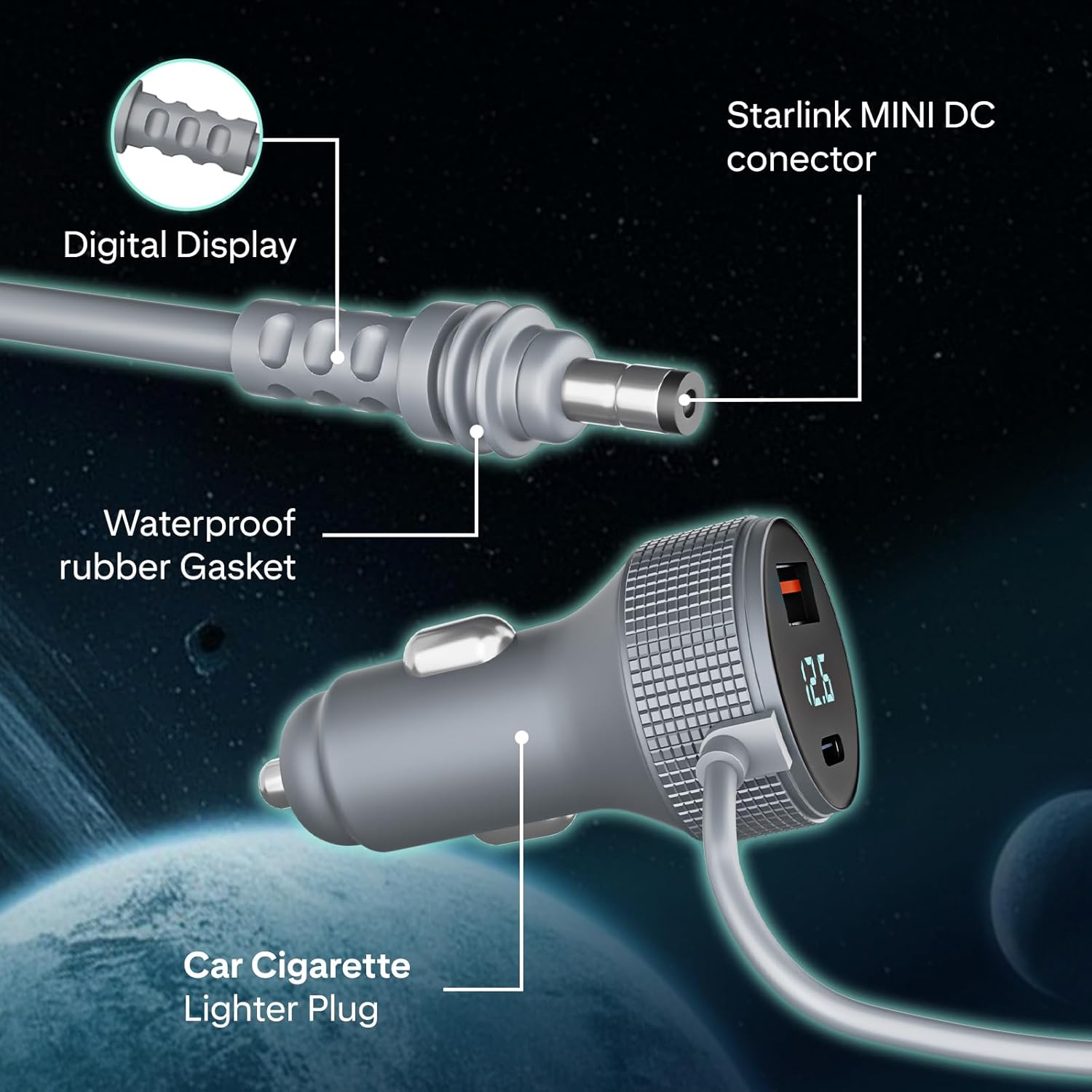Starlink Mini Car Charger DC Power Cable, 3M(10FT) Starlink Mini 3 in 1 Cable, Cigarette Lighter Adapter 12V-48V with Digital Display, USB C PD 40W with USB A 35W Ports