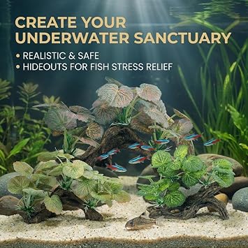 Resin Driftwood Aquarium Decor with Artificial Plants, Betta Fish Hideout and Shelter, Natural Wood Trunk Ornament for Small Fish Tanks and Terrariums (Style-4)