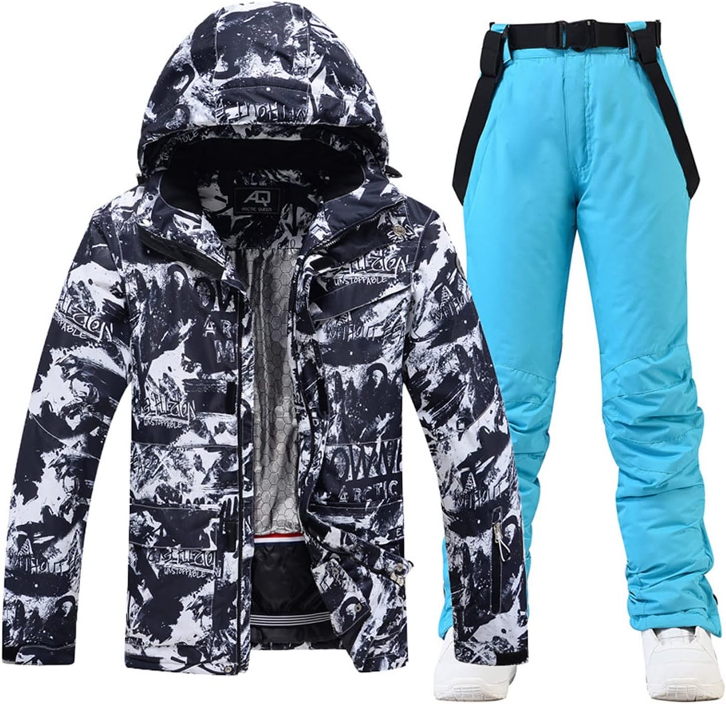 Men's Ski Jackets and Pants, Snowboarding Snowsuit Warm Hooded Waterproof Windproof Insulated Snowsuit Set Ideal for Skiing, Hiking, Climbing, Traveling, Camping(Light Blue,Small)