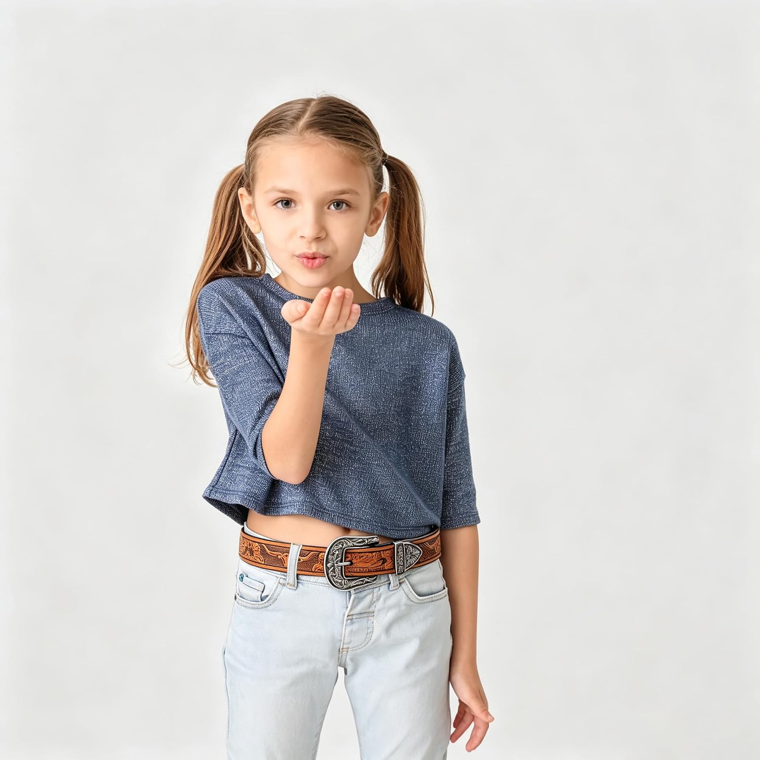 Jastore Kids Western Belt Boys Cowboy Leather Belt with Vintage Buckle & Floral Curved for Jeans Dresses