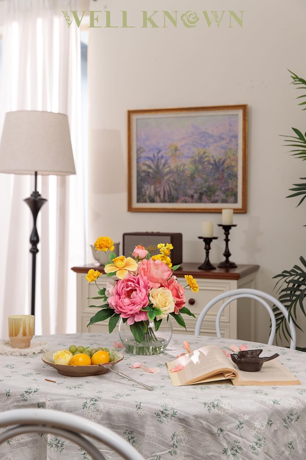 Artificial Flowers Centerpieces in Glass Vase with Fake Water, Silk Rose Peony & Daffodil Bouquet with Vase for Birthday Party Wedding Dinning Table Office Hotel Decor Gift (Yellow, Coral & Hot Pink) - Image 3