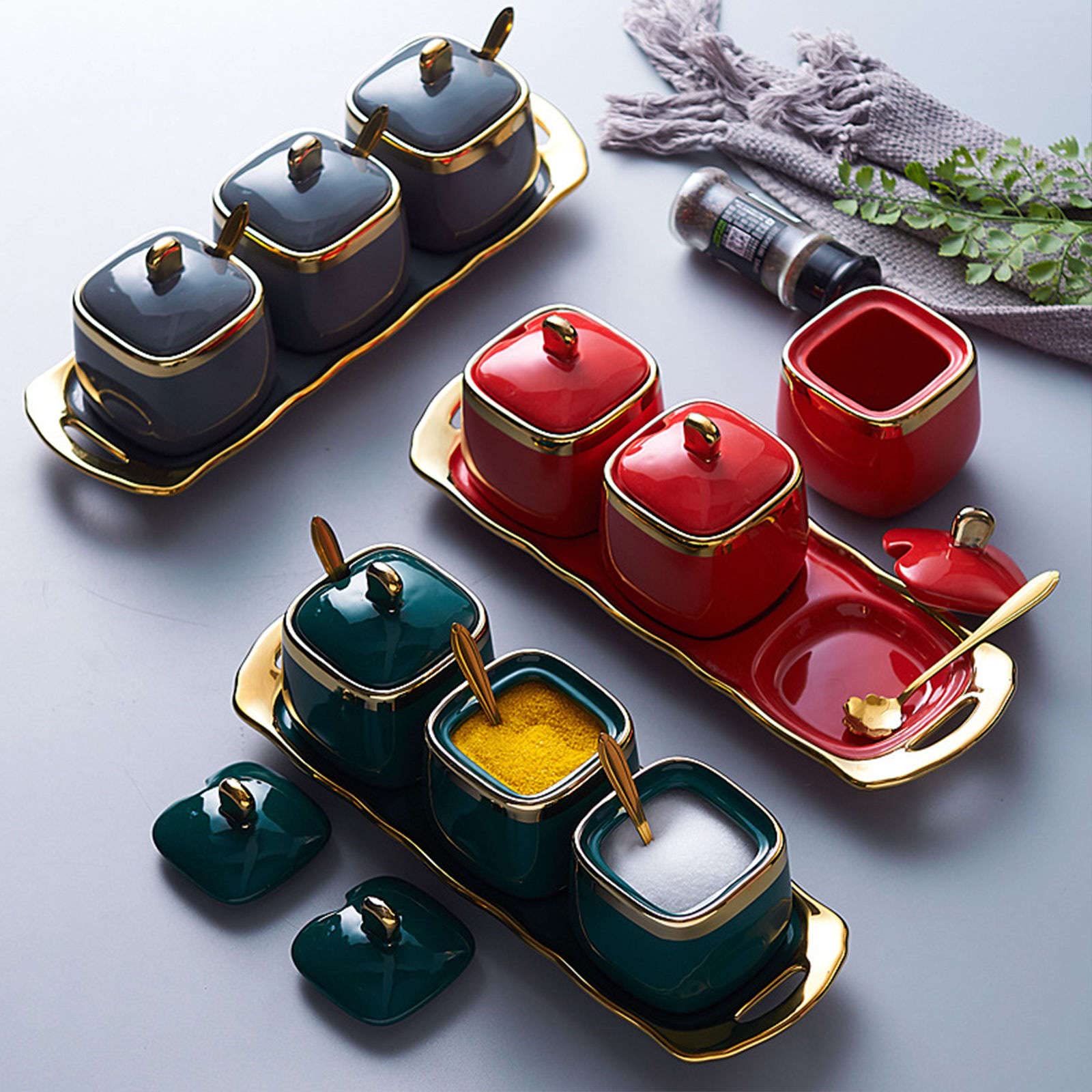 Sucrier en céramique avec couvercle et cuillère, sucrier Phnom Penh avec couvercle et cuillère, 3 ensembles de pots à sucre, pots à épices, pots à sel, pots à sucre en céramique colorés - Rouge - 3 en