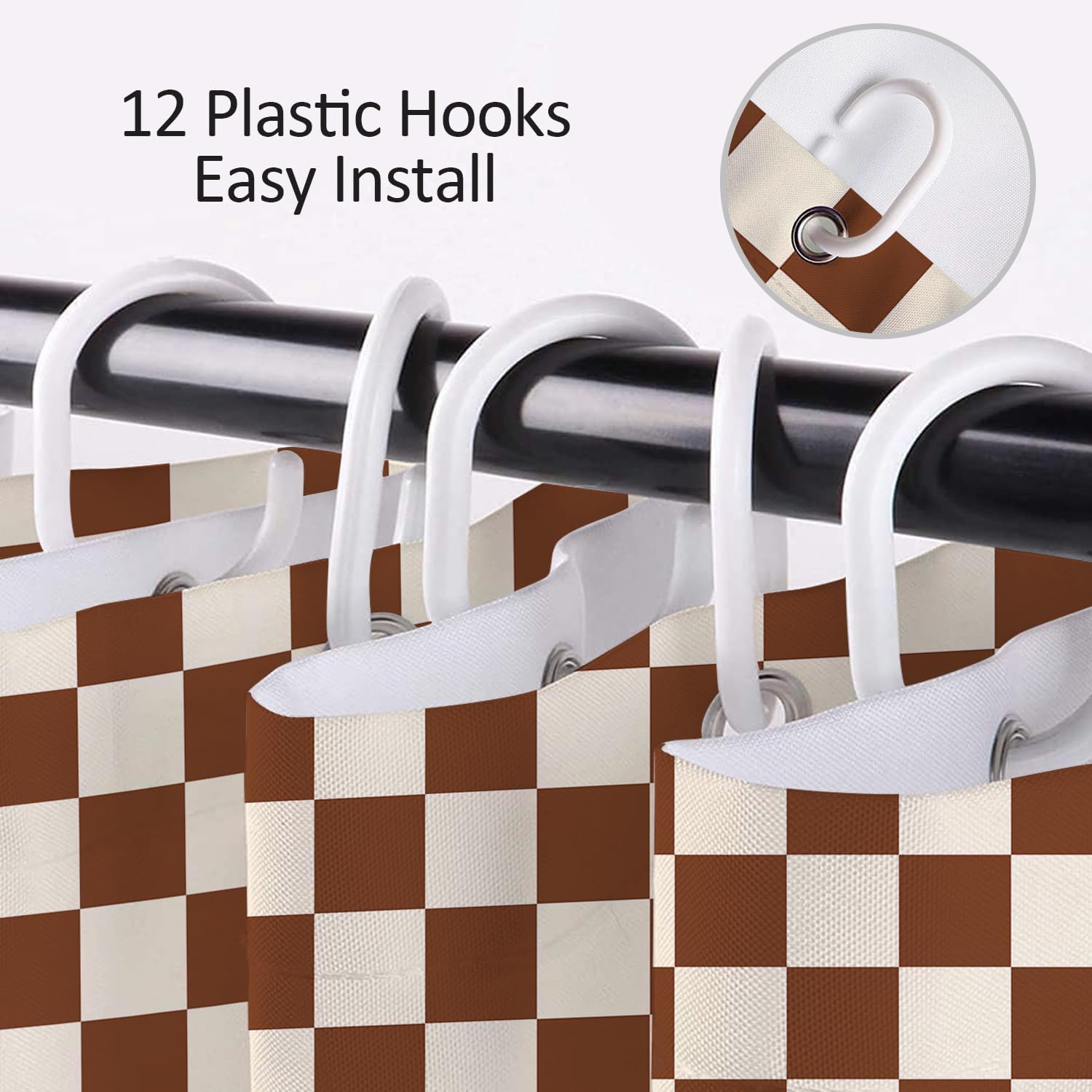 Brown Vintage Checkered Shower Curtain for Bathroom, Cute Retro Plaid Beige Checkerboard Shower Curtain with Hooks Aesthetic Modern Style Bathroom Decor, 72W x 78L inches