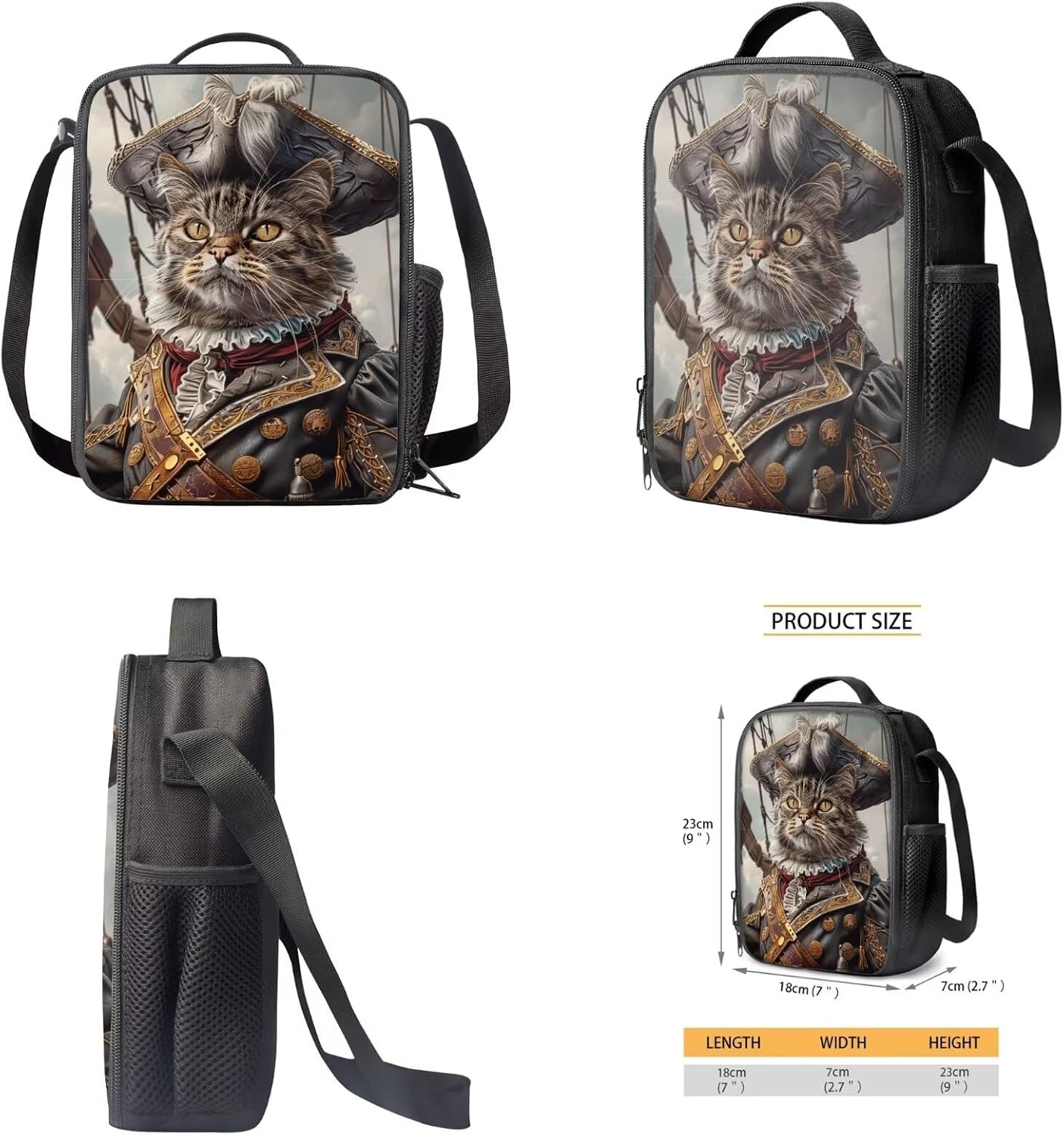 17 Inch Animal Print School Backpack And Lunch Box Set for Kids Lightweight Funny Cat As Pirate Backpack for Boys Girls Sturdy School Bag with Insulated Lunchbox Pencil Case Student Bookbag