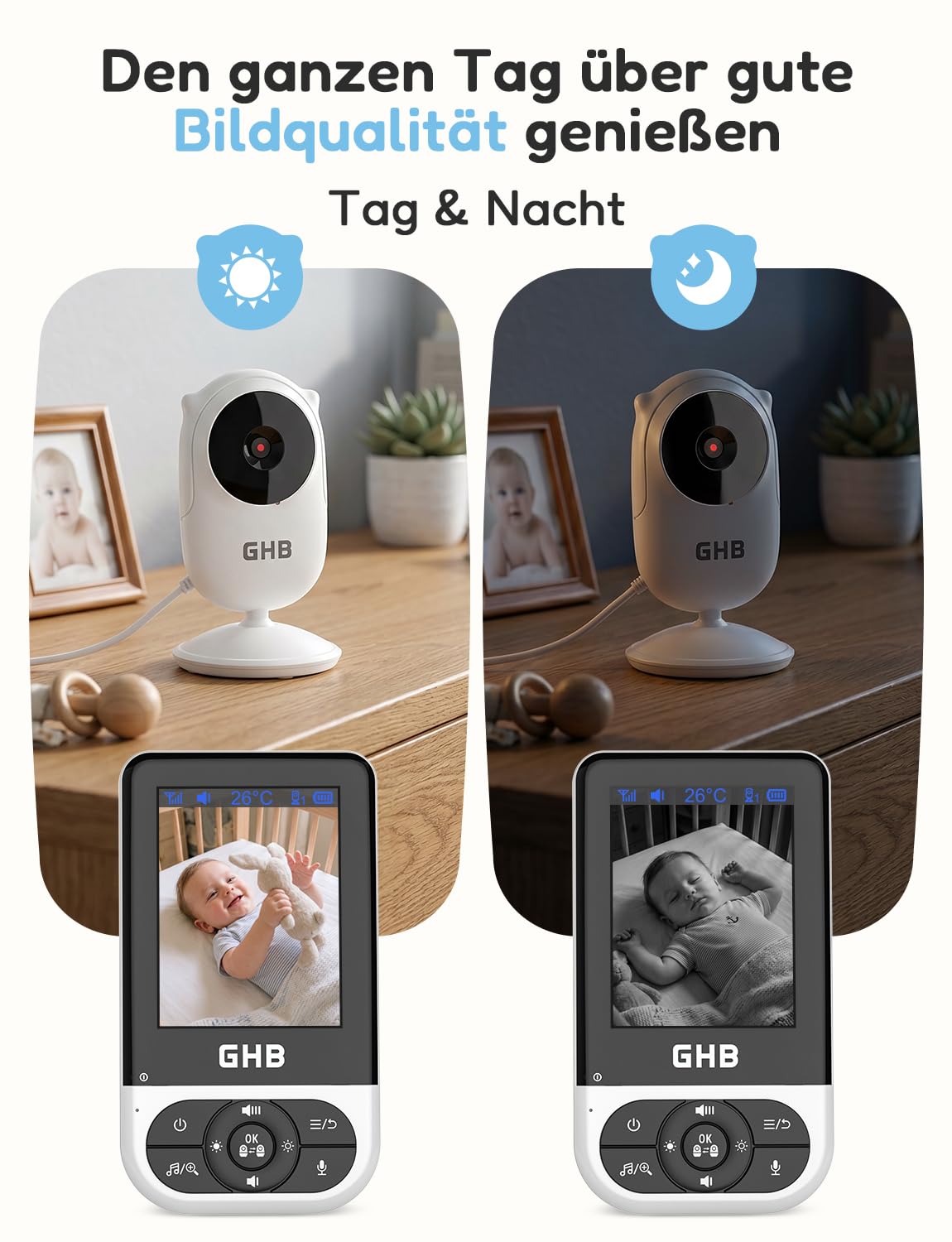GHB Babyphone mit Kamera Baby Monitor 2,8 Zoll mit Nachtsicht VOX Schlaflieder Gegensprechfunktion Temperatursensor Max. 4 Kameras Unterstützt Schwarz