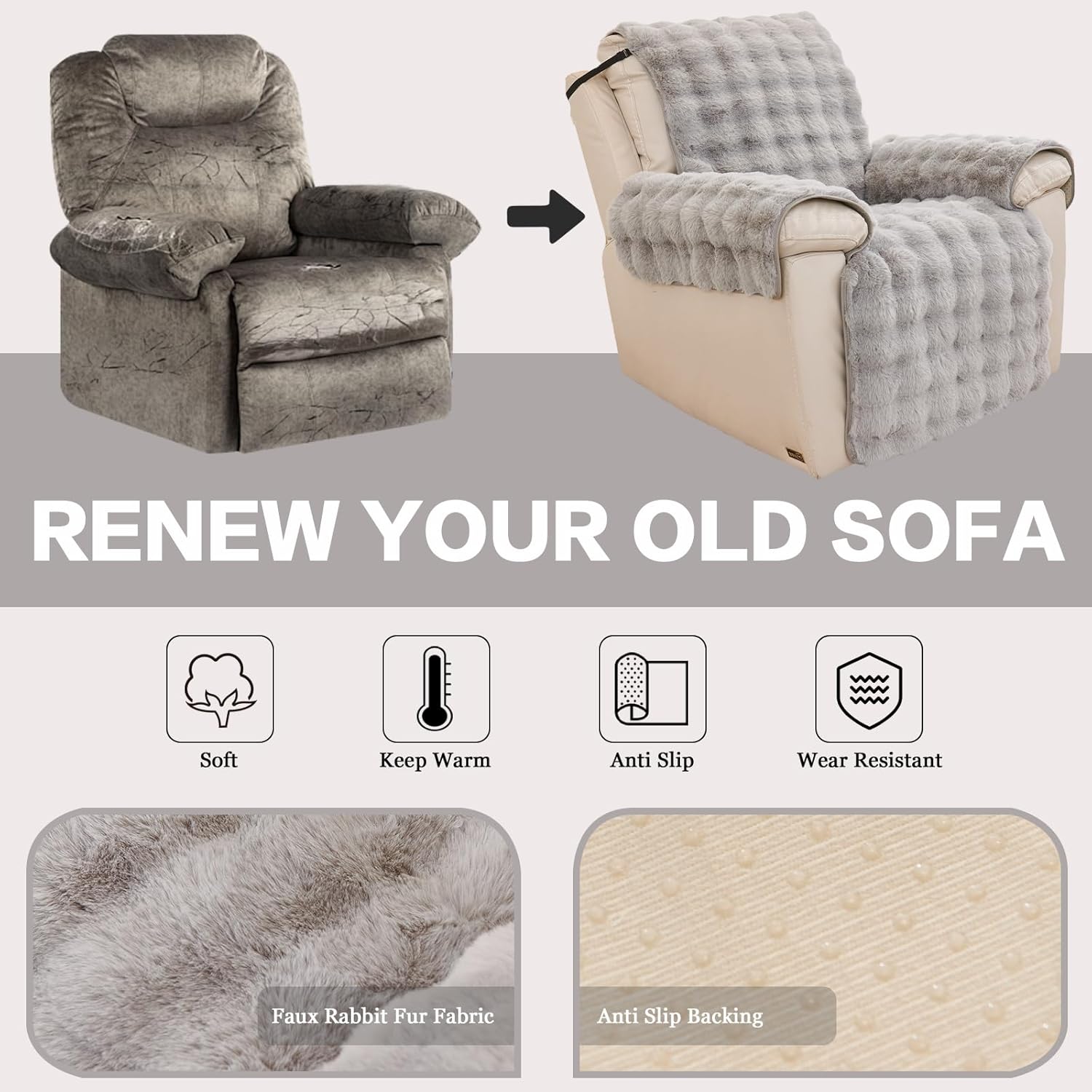 DREAMINGO Faux Fur Recliner Cover Fluffy Reclining Chair Slipcover for Dogs Washable Non Slip Couch Protector for Pets Plush Sofa Cover 1 Seat with Elastic Straps, Light Grey