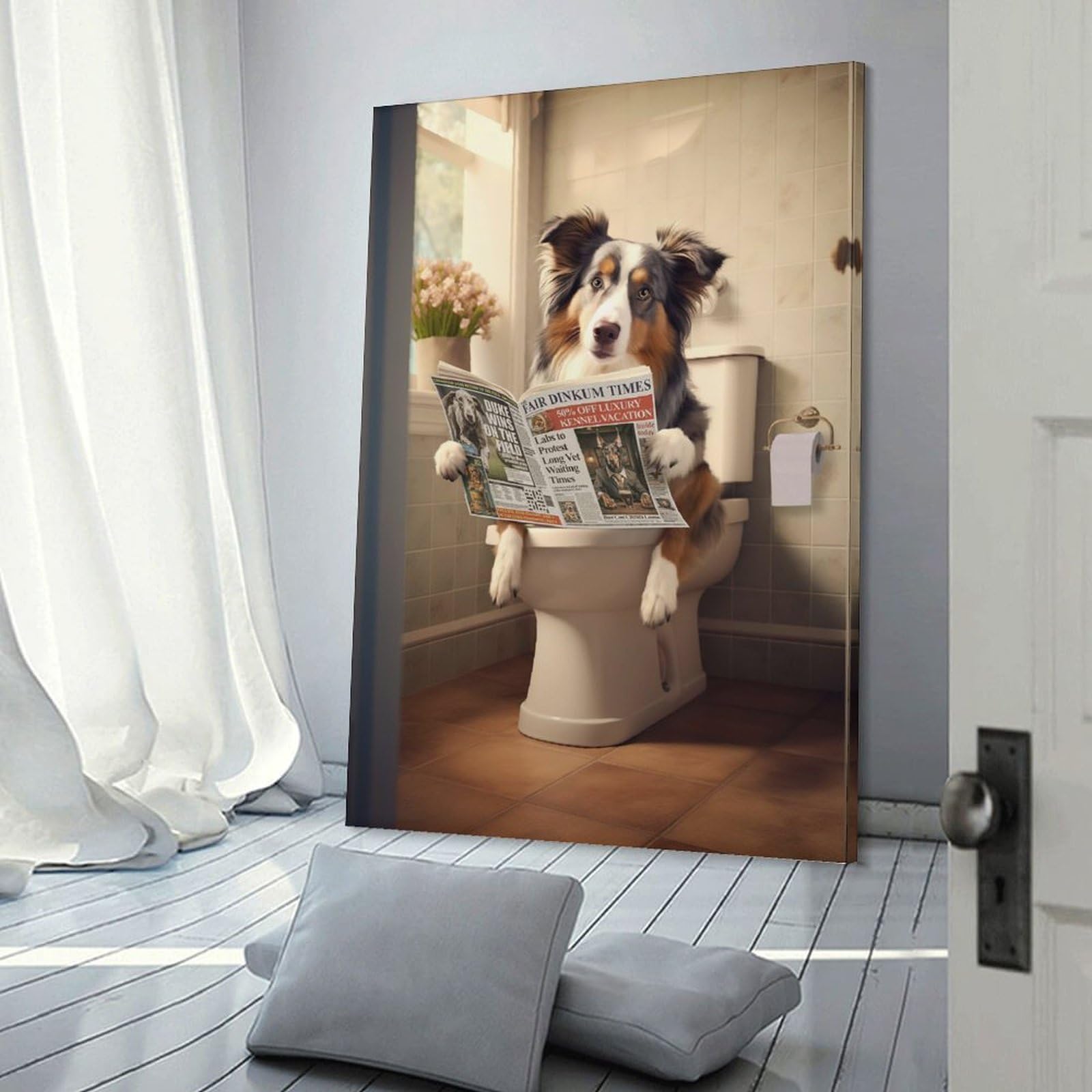 Junmoney Frame-Style-1 Australian Shepherd Toilet Canvas Art Print 24X36inch(60X90cm), For Apartment Walls, Studios Or Work Areas, An Easy Choice For New Home Styling
