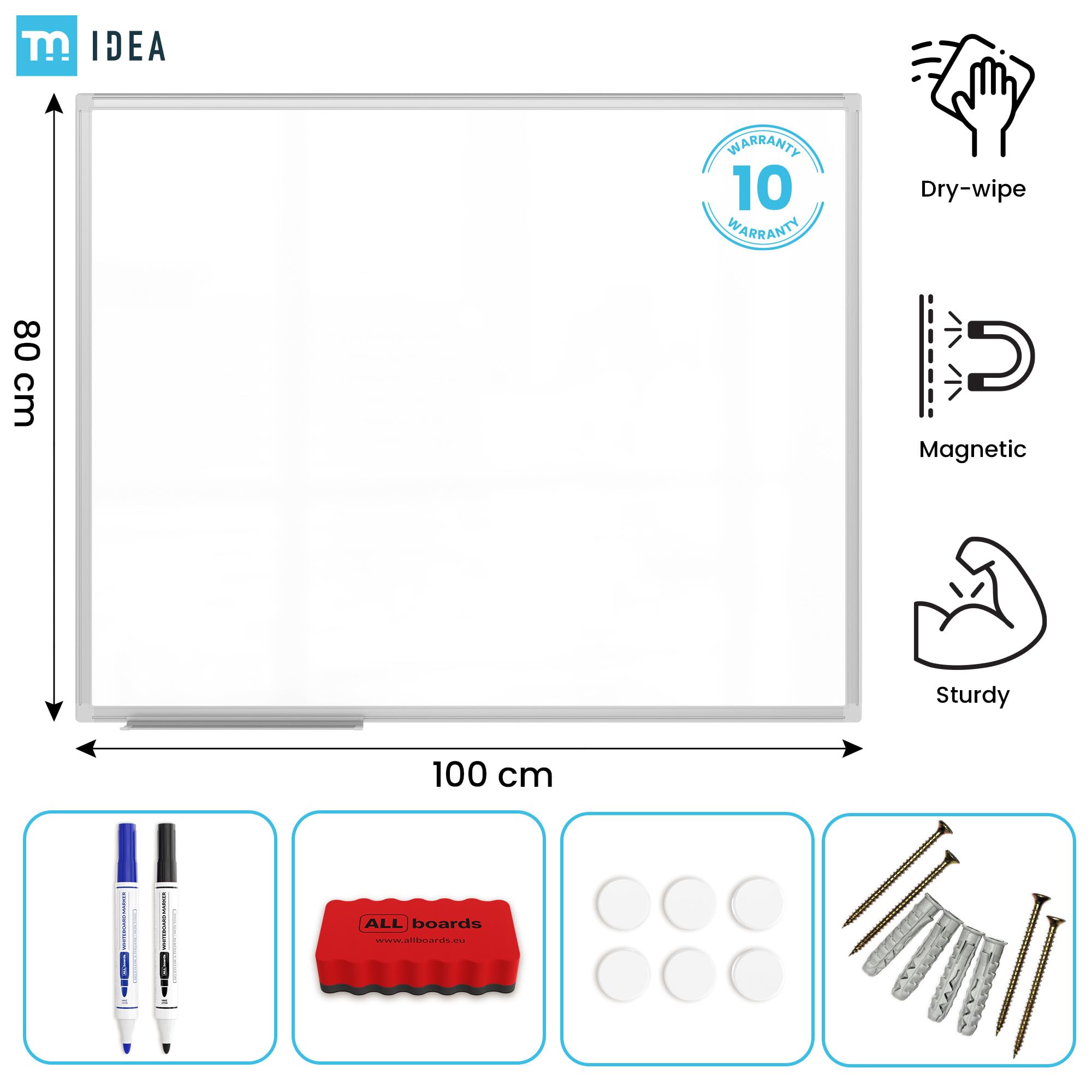 TM IDEA Reihe Flex Magnetisches Whiteboard 100x80 cm Magnettafel kratzfest und trocken abwischbar mit 2 Whiteboard Stifte, 6 Magnete und 1 Whiteboard Schwamm, für Schule, Haus und Büro