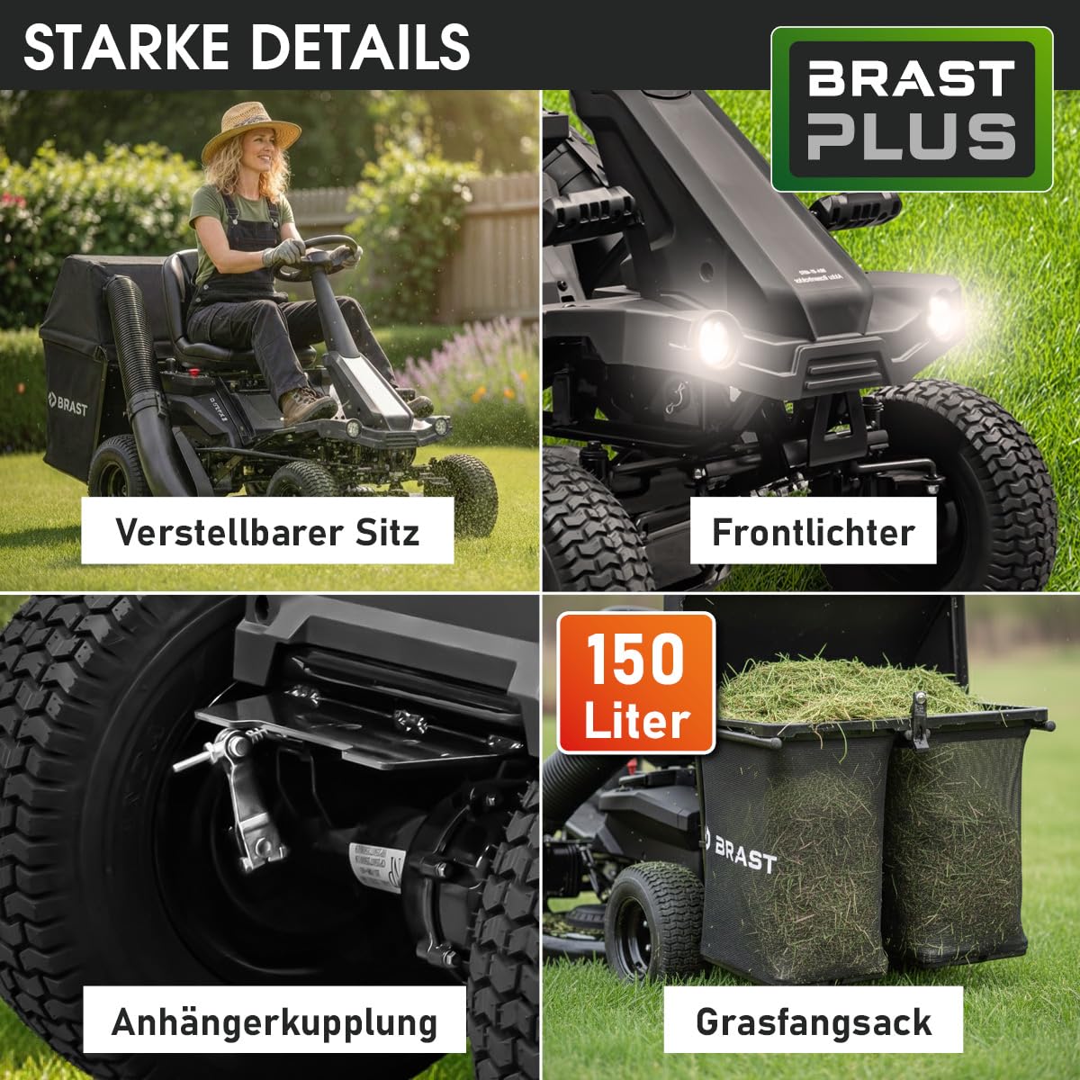 BRAST Akku Rasentraktor Aufsitzmäher | 48V - Elektroantrieb mit 75Ah Batterie | Elektrostart | XXL Schnittbreite 92cm | 4in1-Funktion | 150L Fangkorb | für große Rasenflächen 1.000-5.000 m²