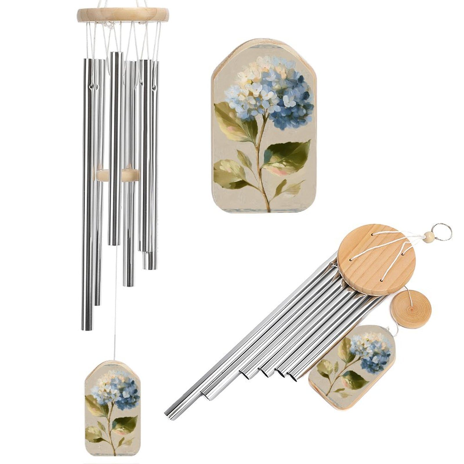 Blue Hydrangea Branch on Light Neutral Wind Chimes Memorial Deep Tone Windchime with 6 Aluminum Tubes Outdoor Backyard Garden Decoration