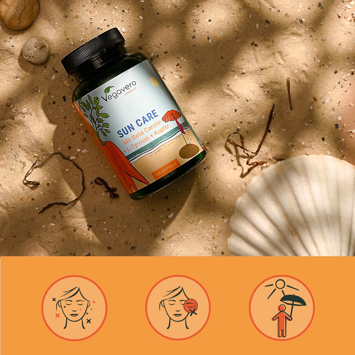 Integratore ABBRONZATURA Vegavero® | 180 capsule | Attivatore Melanina* | con Betacarotene, Vitamina E (Tocoferolo), L-Tirosina, Oleuropeina, Rame e Zinco | Vegan
