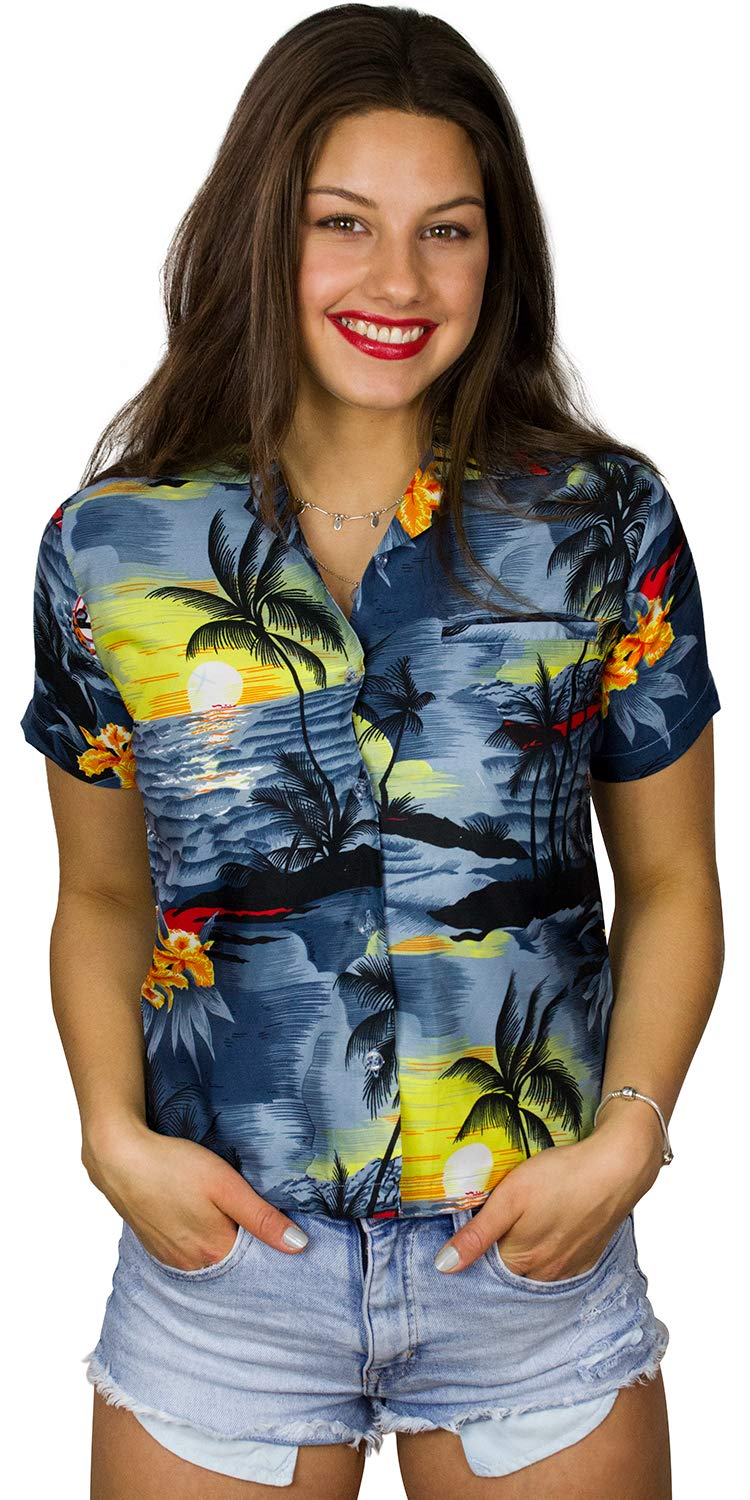 King Kameha Women's Surf Grey Funky Hawaiian Blouse Shirt, Shortsleeve, Print Surf, Grey, M