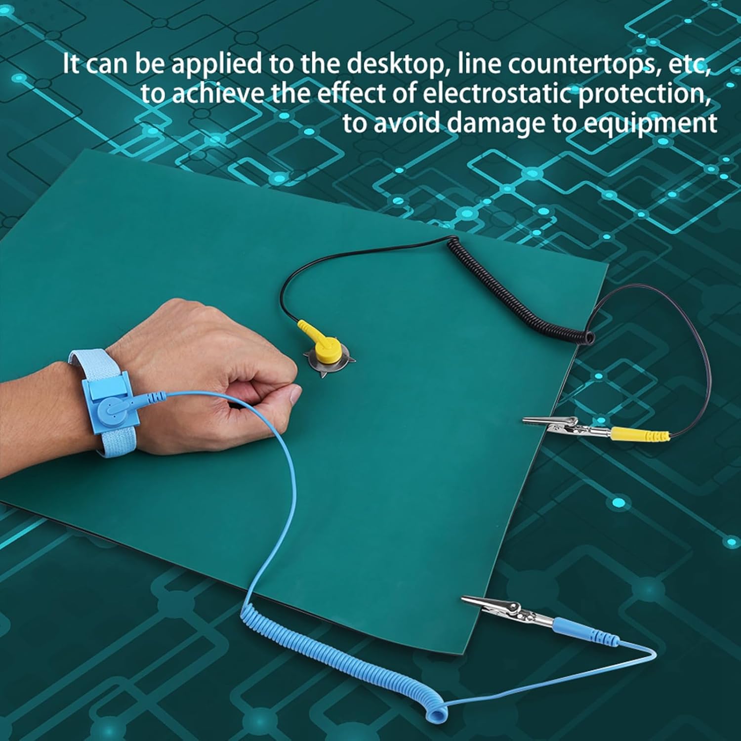 Anti-static mat in use on a desktop with electronic components