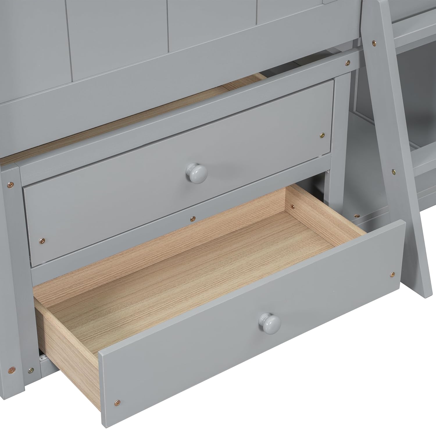 Full Size House Loft Bed with Roof Windows, Solid Pine Wood Bed Frame with 4 Storage Drawers Ladder, Modern Kids Playhouse Bed with Guardrails, Space Saving Design, Grey (1 Drawers)