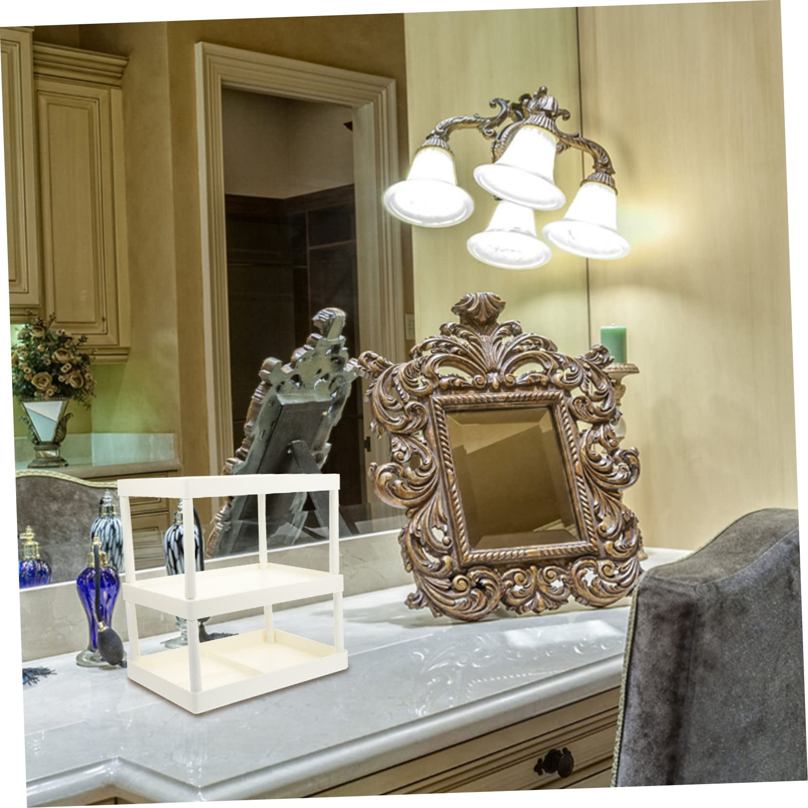 Scrivania a tre ripiani bianco lucido, versatile per bagno e ufficio, per articoli di cancelleria e articoli da scrivania, soluzione salvaspazio elegante