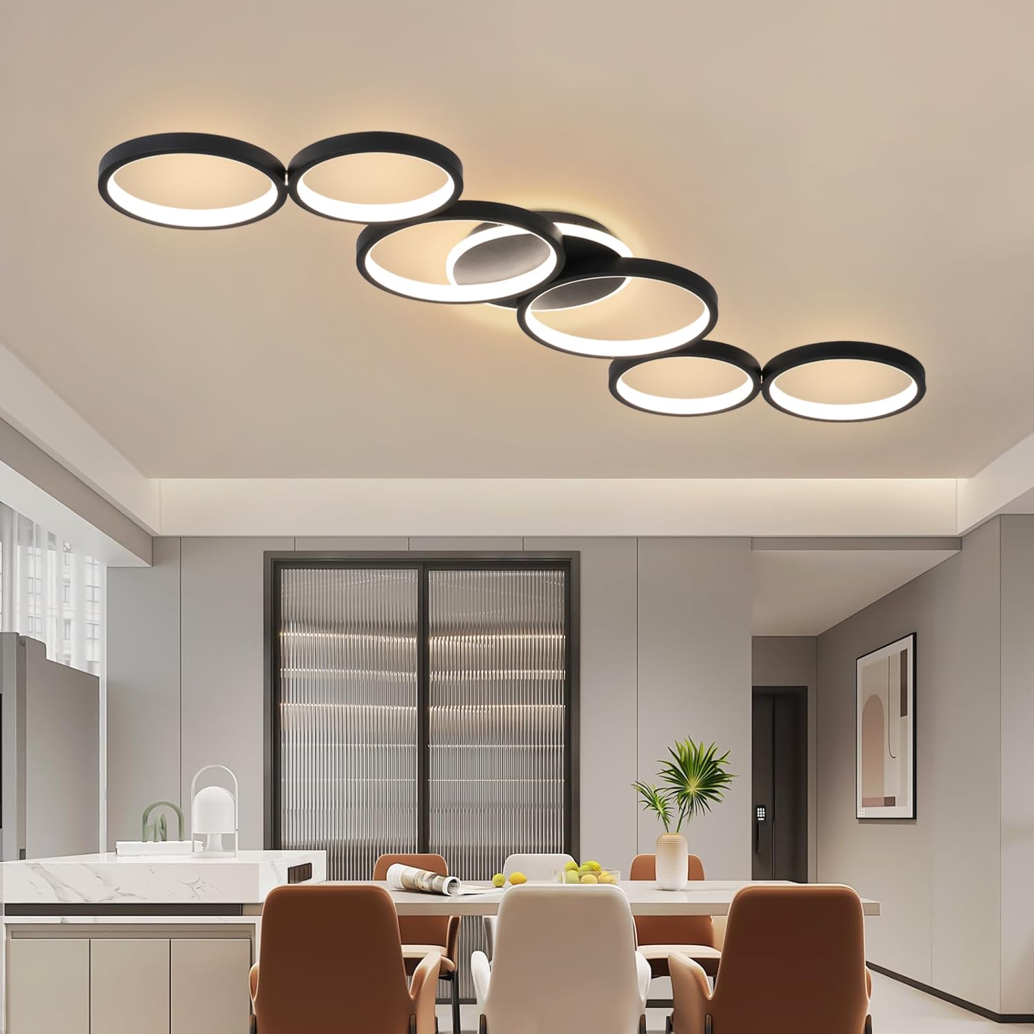 Plafoniera LED Soffitto Dimmerabile Lampada da Soffitto Soggiorno Nero 69W | 113cm Luce Camera da Letto Telecomando e APP, Moderna Illuminazione Rotonda a Soffitto a 6 Anello con Funzione di Memoria