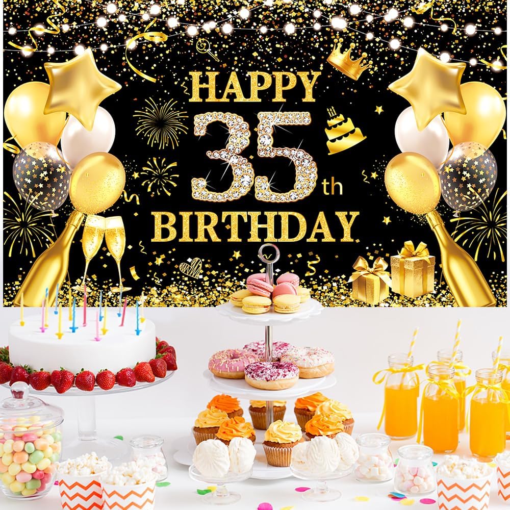Happy Birthday Backdrop Banner Men Women 35th Birthday Decorations Black Gold 35 Years Old Party Decor Supplies Outdoor Indoor Decoration Banner Background Poster Photo Booth Props Supplies
