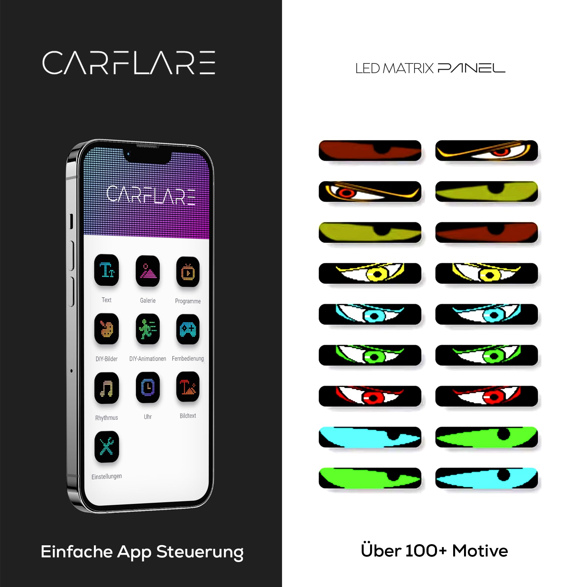 2er Set CarFlare Teufels Augen Devil Eyes LED Laufschrift für LKW & Auto (120×595mm) – Programmierbares Leuchtschild mit App-Steuerung, Bluetooth, USB 5V – RGB LED-Anzeige für Text, Emoji
