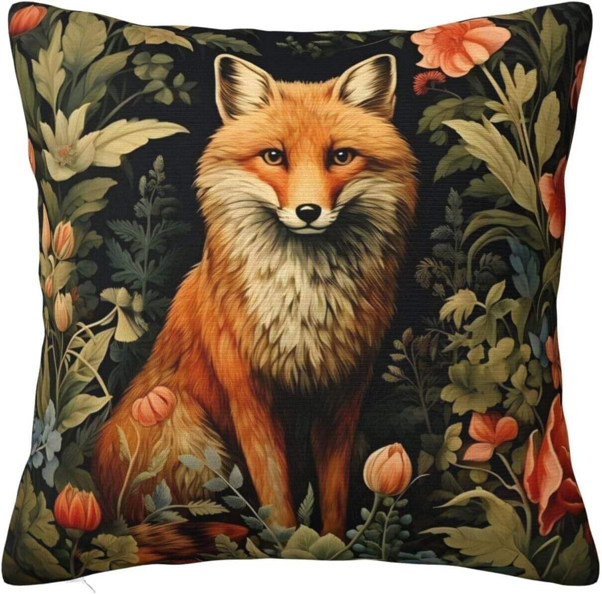 Keebik William Morris Forest Fox Throw Pillow Covers Decorative Outdoor Soft Pillowcases Home Decor Living Room Cushion Case for Bed Couch Car 16x16 Inch