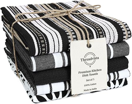 Cotton Kitchen Towels Set of 5 Black Assorted Dish Towels 16x26