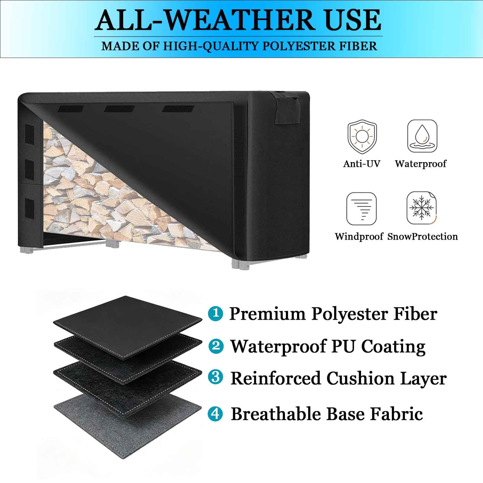 Copertura Resistente per Porta-Legna, Tessuto Oxford 600D, Copertura Impermeabile per Esterni con Fibbia e Nastro a Strappo (Porta-Legna Non Incluso),Nero,365x61x122cm