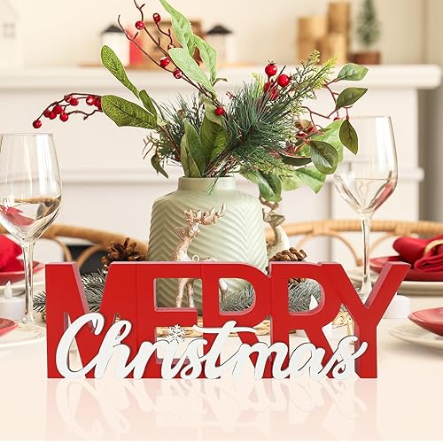 Miniatura 6 de COCHIE Letrero de madera con texto en inglés "Merry Christmas", decoración de invierno para el hogar, oficina, estante, repisa, repisa, interior,
