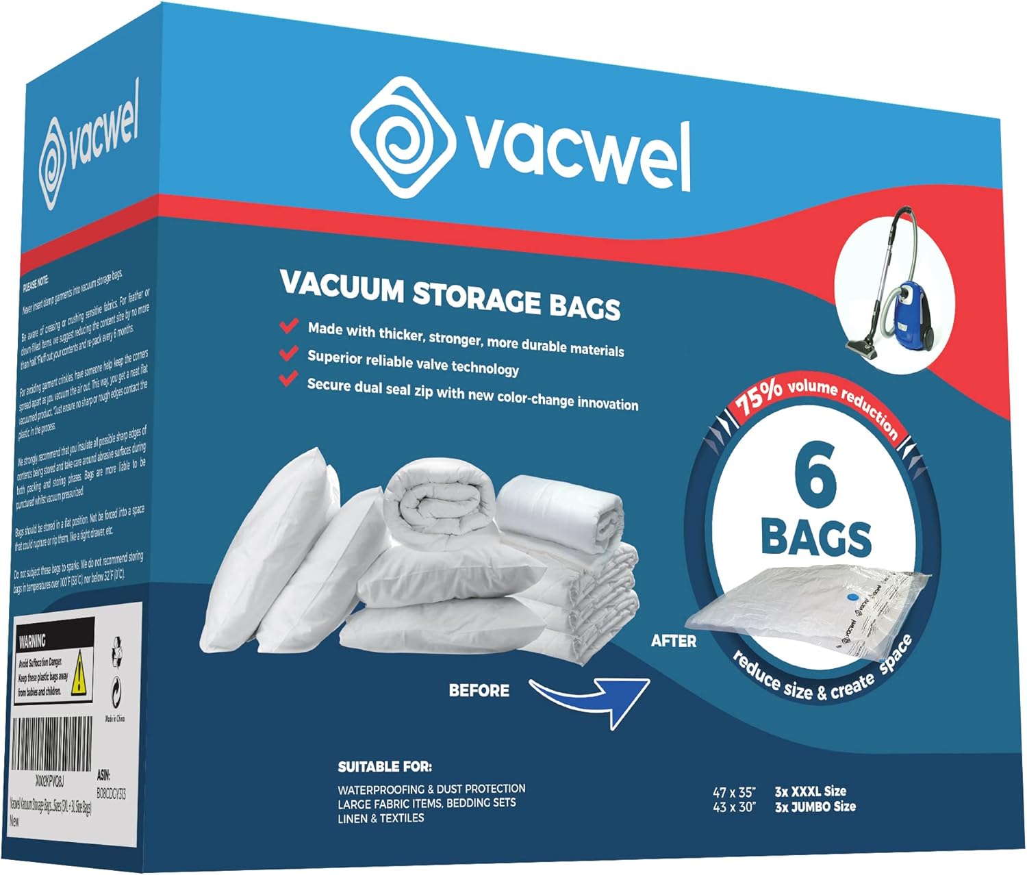 Vacwel 6Pack, Variety 3x XXL + 3x Jumbo Vacuum Storage