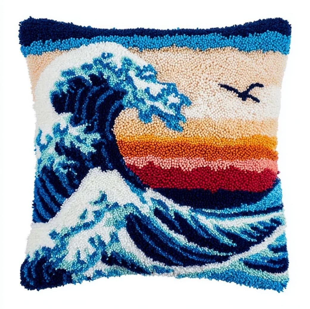Henypt 43x43cm Latch Hook Pillow Kit,Spray Pre-Printed Canvas Cushion Cover Craft,Easy Latch Hook Embroidery Kit for All Skill Levels