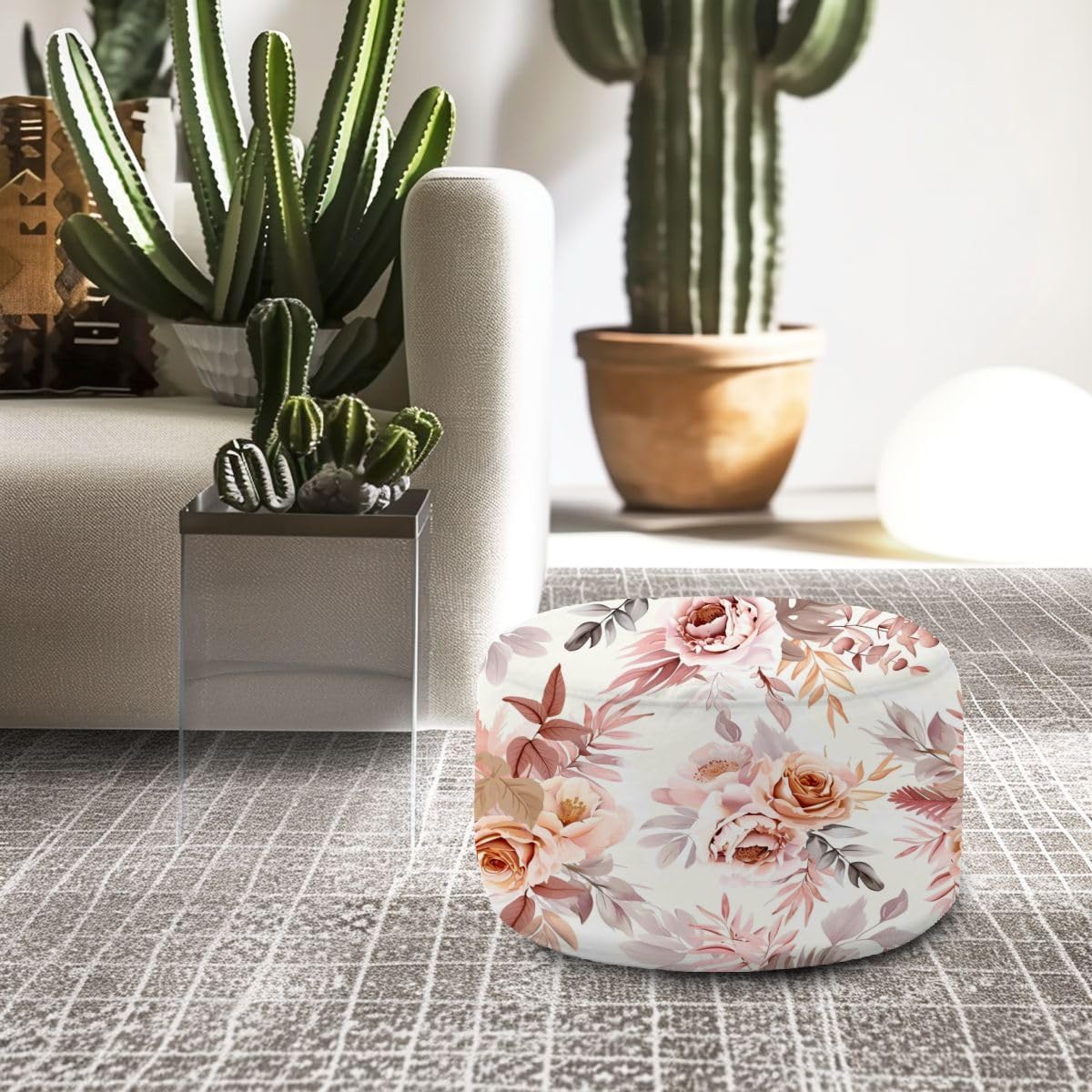 Round Pouf Ottoman Trendy dried palm leaves blush pink rust rose pale protea white Foot Stool Foot Rest Floor Stool Bean Bag Chair Cotton Linen Removable Indoor Outdoor for Living Room Bedroom