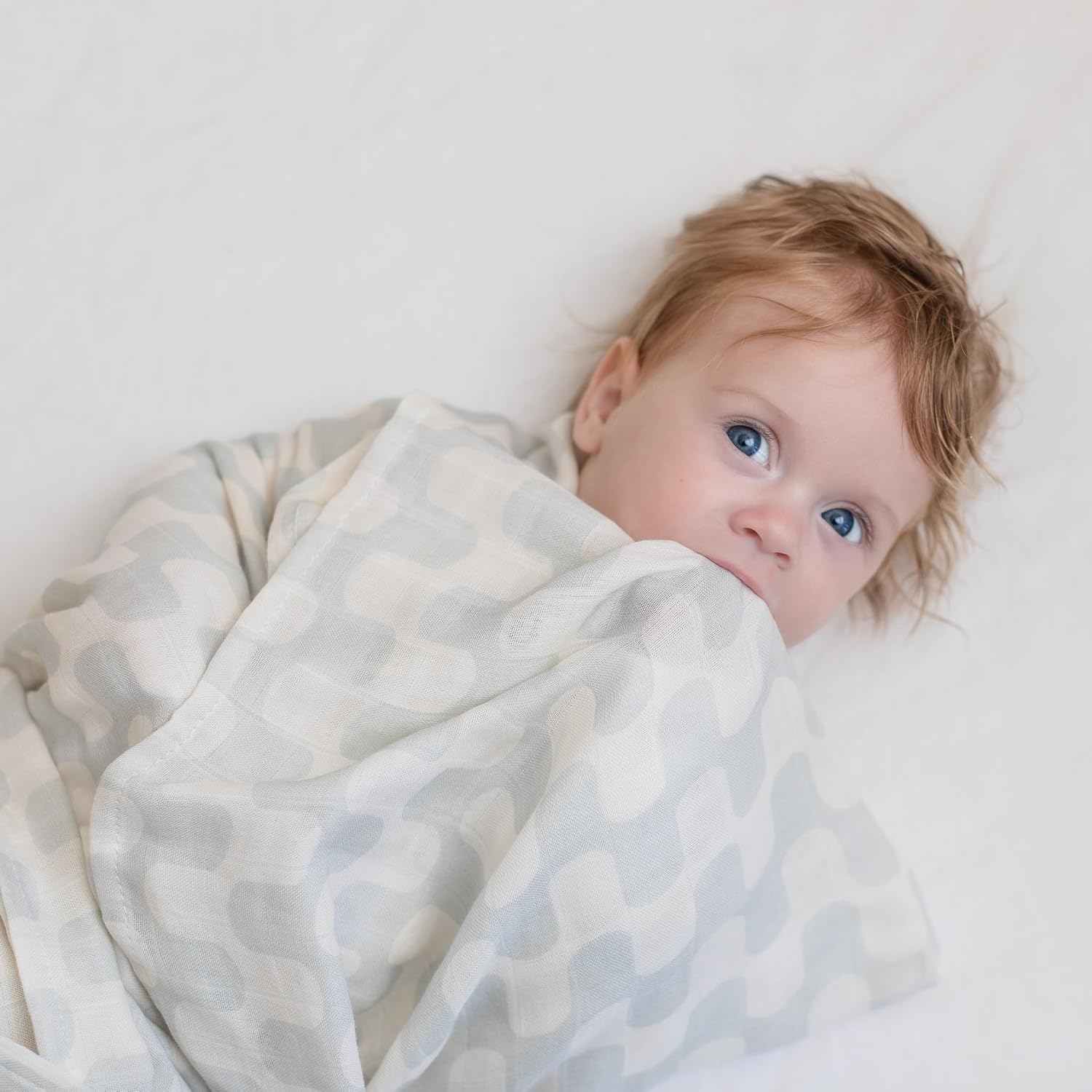 Muslin Swaddle Blankets - Set of 2 Gender Neutral Patterns- Large 47"x47",Organic Cotton & Viscose from Bamboo, Extra Soft Newborn Swaddles, Baby Shower for Boys & Girls (Gray Waves & Crosses)