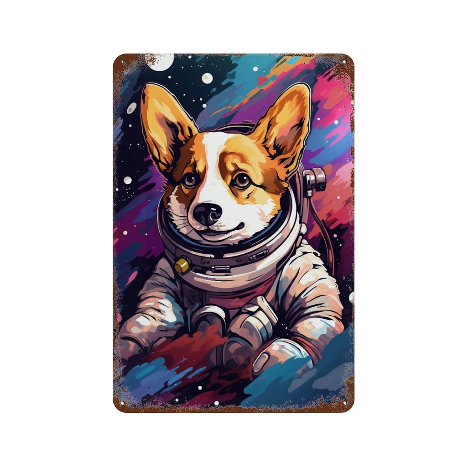 Corgi Astronaut in Space -13 Vintage Wall Sign 11.8"x7.9", Rust Effect Metal Decor for Shed, Workshop And Garage Wall Decor