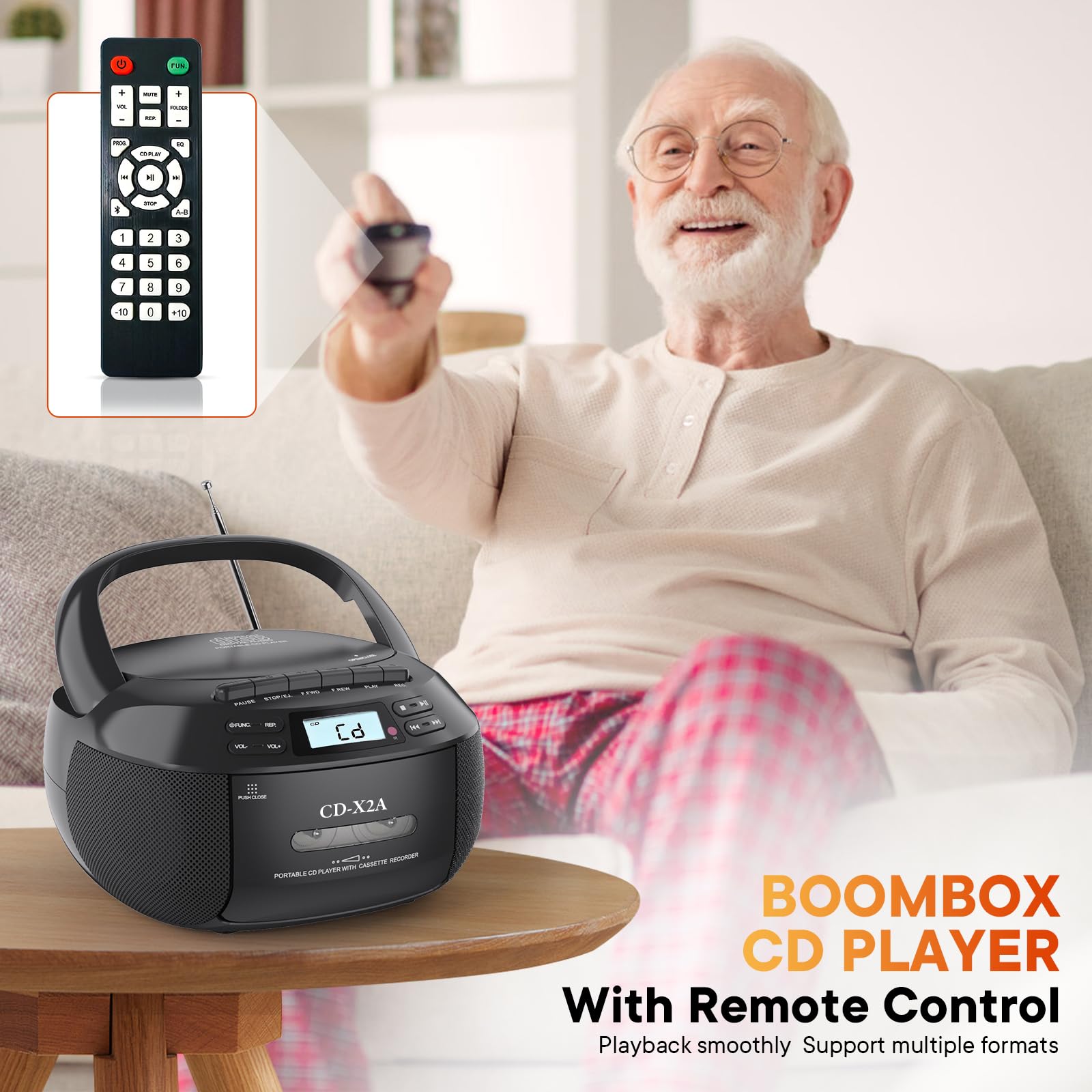 Lettore CD Boombox con Bluetooth, radio AM/FM, telecomando, suono stereo, AUX/USB, registrazione su nastro, alimentazione CA/CC, jack per cuffie, display LCD