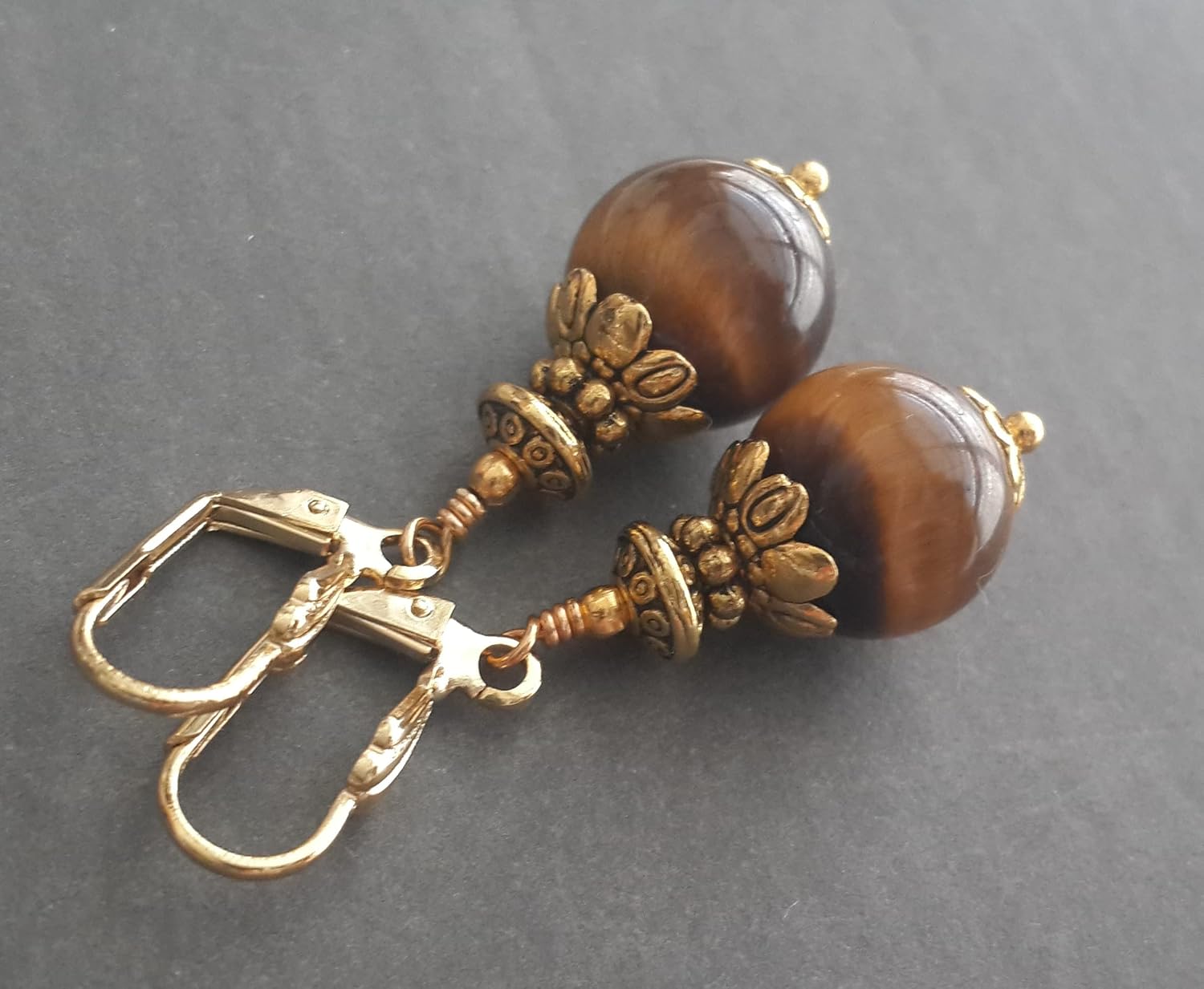 Tiger Eye Earrings Handmade Jewelry for Women Natural Gemstone Round Gold Plated Lever Backs in Gift Box