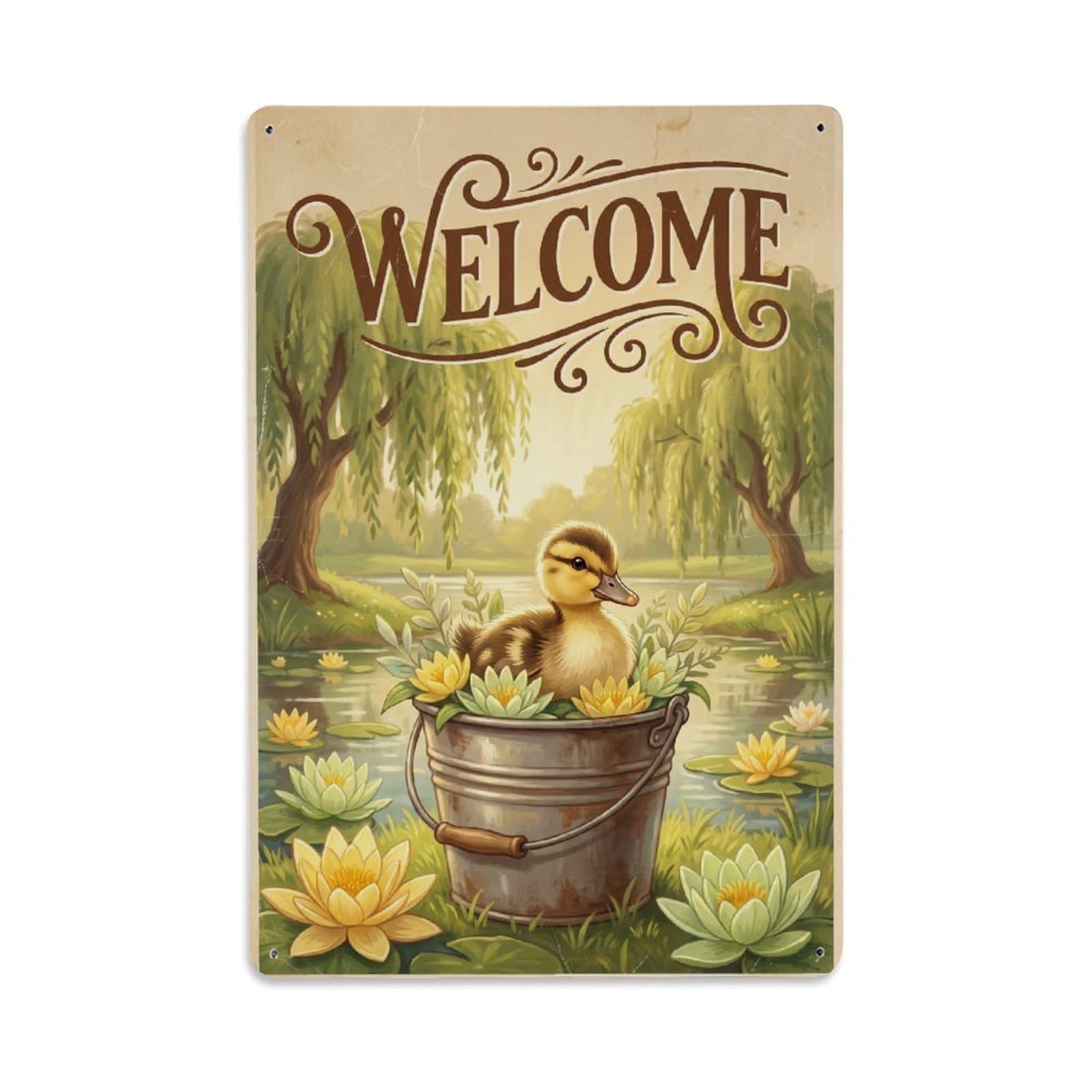 Cxhjca 8X12inch(20X30cm) Vintage Welcome Duckling Petal Paradise Metal Tin Sign