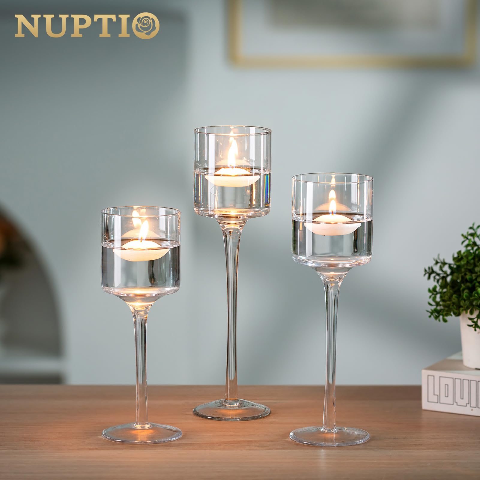 Nuptio 10 Sets(30 Pcs) Tea Light Candle Holders Glass Candlestick Holders Tealight Holder Tall Elegant Pillar Candle Stick for Wedding Home Christmas Parties Mantel Table Centrepieces Decor - Image 2