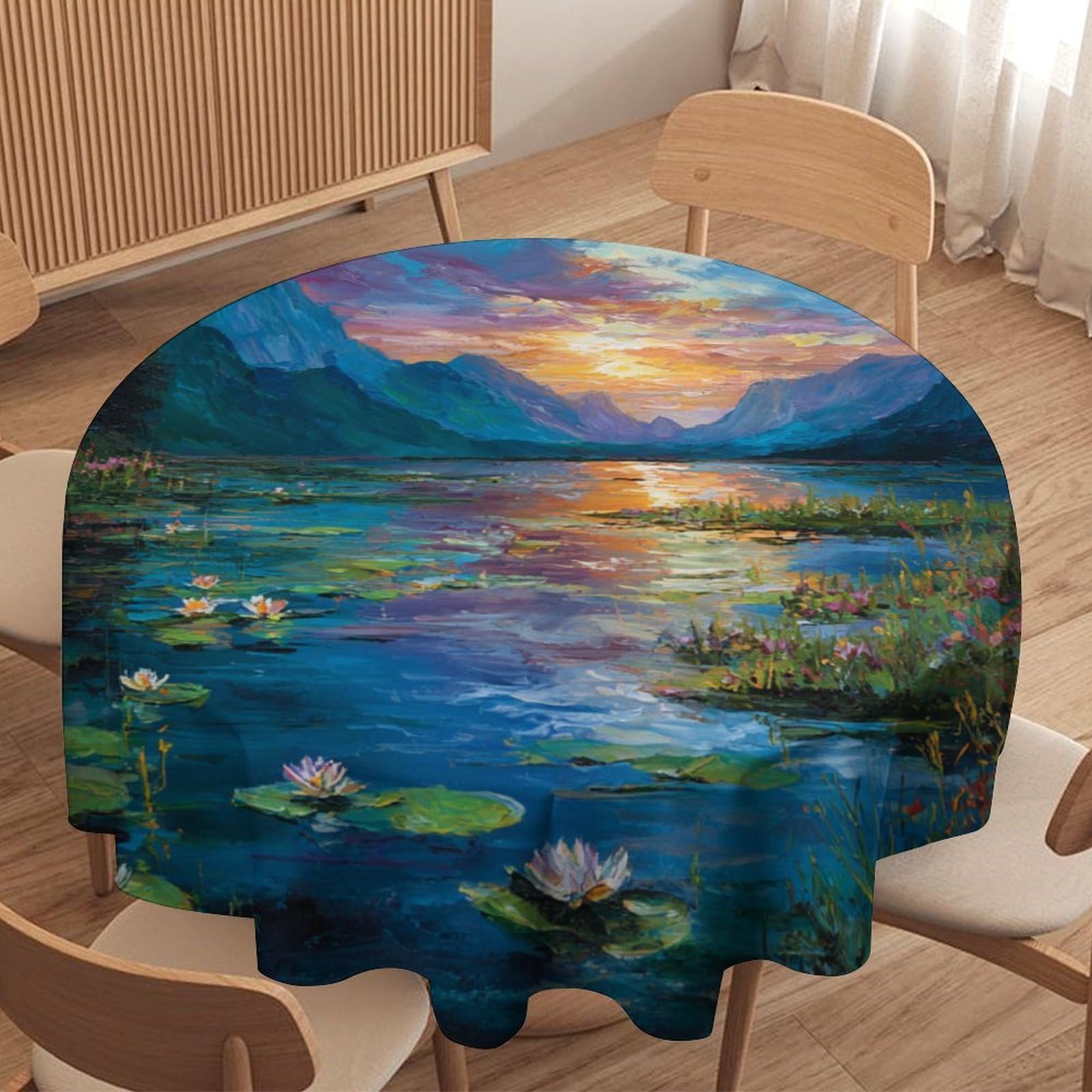 Luyysky Fantasy Watercolor Lotus Floral Round Tablecloth Retro Beautiful Spring Sunset Mountains Lotus Flowers Washable Decor For Table Cover For Kitchen-177.8" Wx177.8 L Cm
