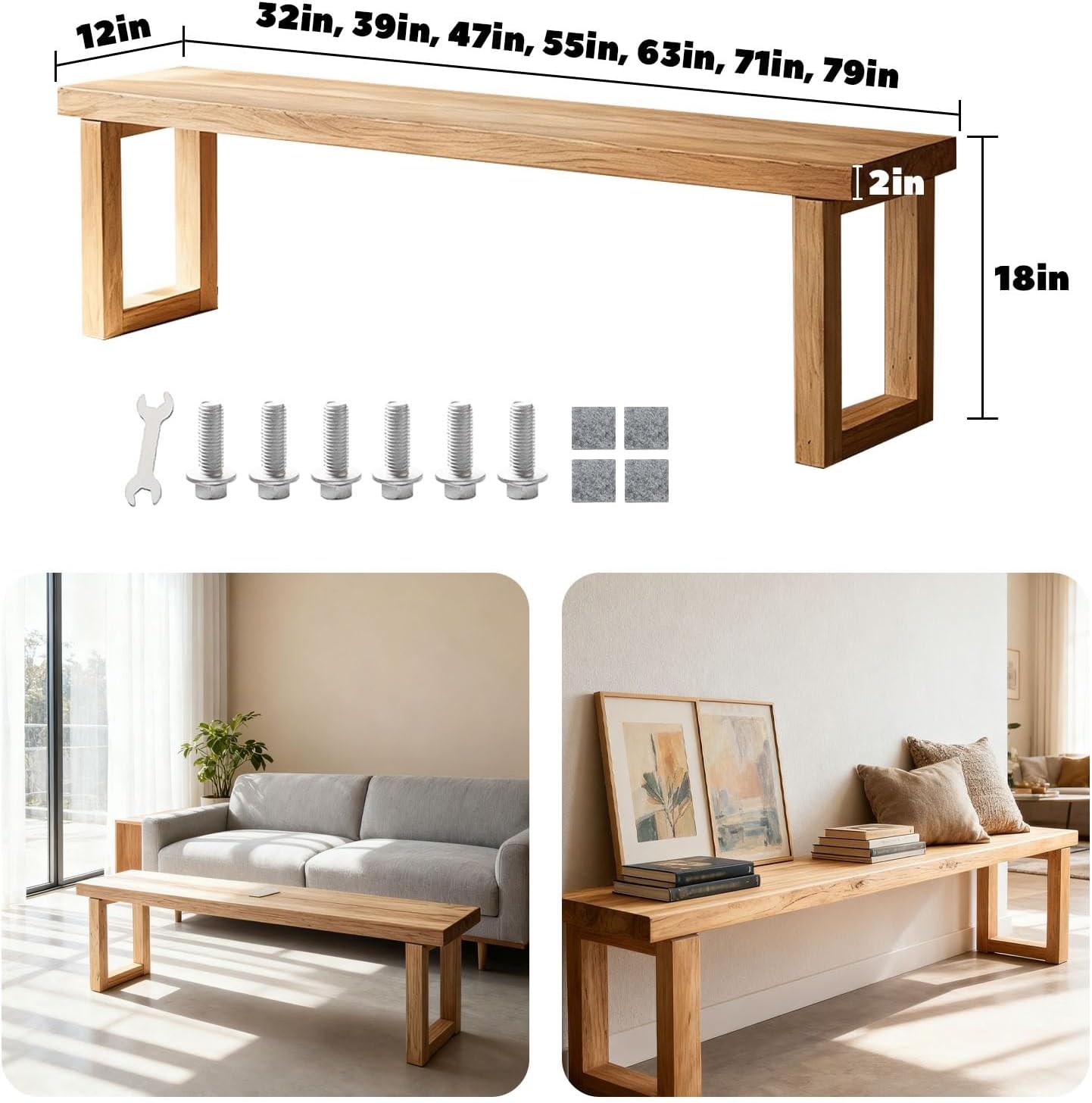 Solid Wood Entryway Bench 32" 39" 47" 55" 63" 71" 79" Farmhouse Long Indoor Benches Narrow Bench Seat for Dining Room Living Room Bedroom End of Bed Easy Assembly Sturdy and Stable(32x12xH18")