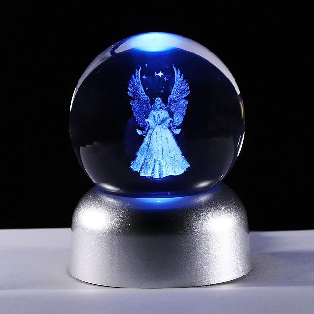 2.36" K9 Crystal 3D Guardian Angel Gifts, Laser Engraved Glass Angel Figurines Ball Memorial Presents Ornament for Home Art Decoration with LED Light Base