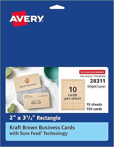 Avery Tarjetas de visita Kraft Brown con tecnología Sure Feed, 2 x 3.5 pulgadas, láserinyección de tinta, 150 tarjetas de visita imprimibles,