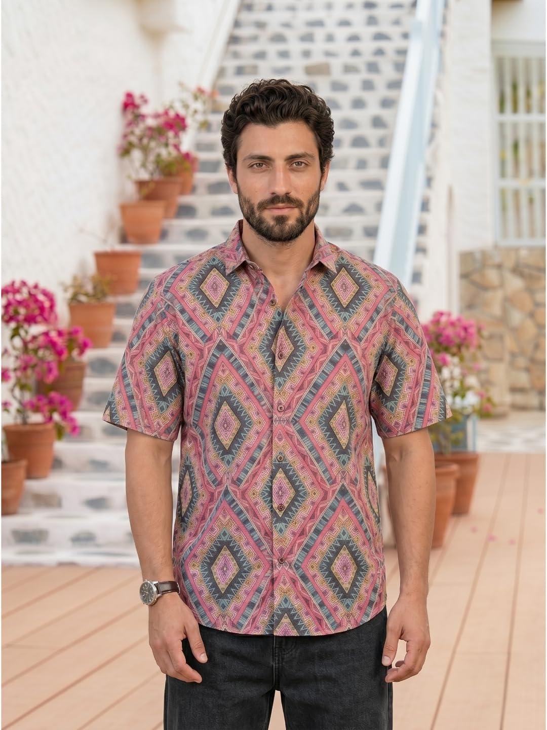 BROWN CULTURE Camicia da uomo con stampa in misto cotone, collo alto, mezza manica, orlo dritto oversize, lunghezza e chiusura con bottoni, camicia formale da uomo