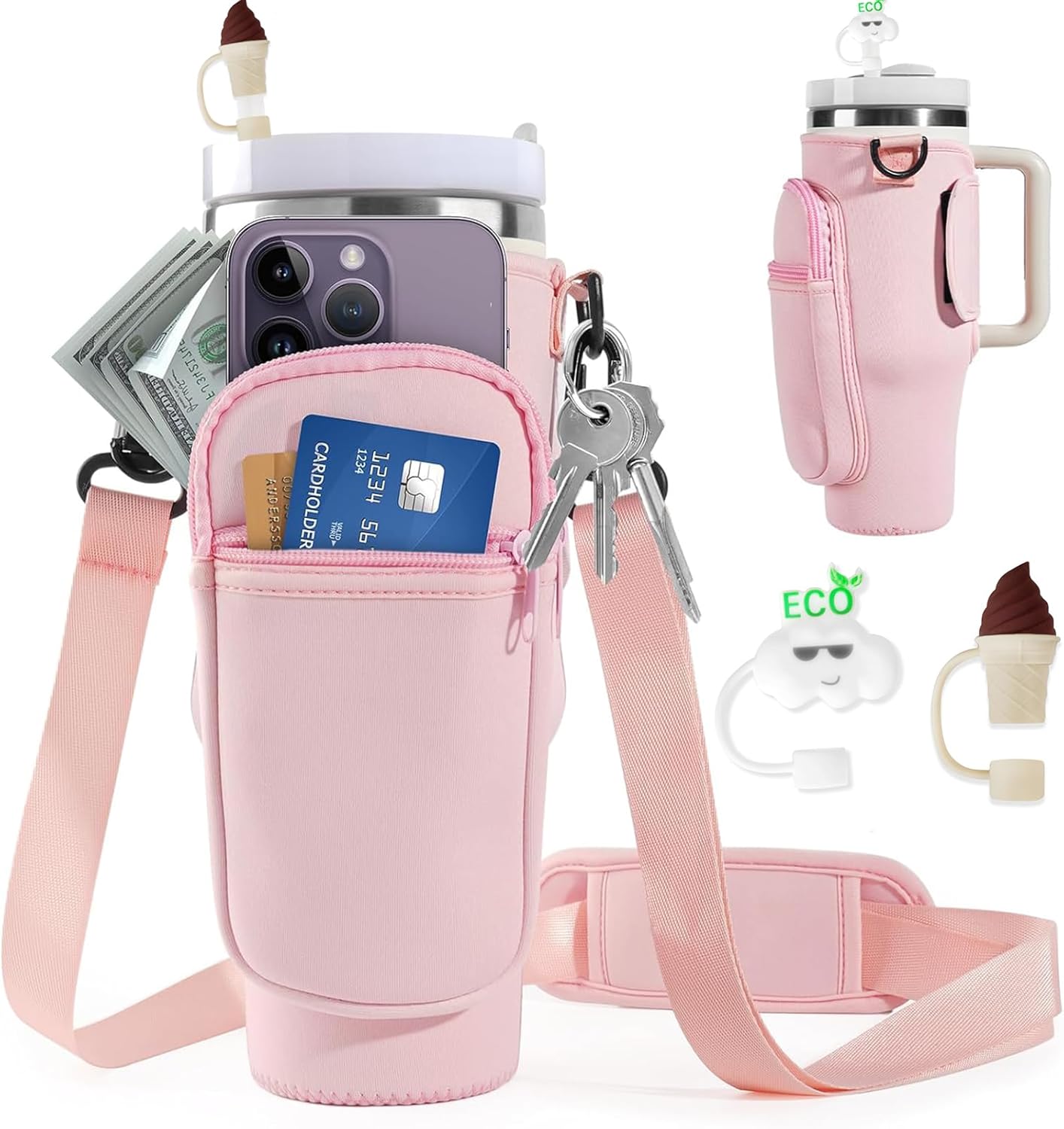 Water Bottle Holder with Adjustable Strap for Stanley Cup Accessories 40oz Tumblers with Phone Pocket and Water-Resistant Design for Hiking, Camping and Outdoor Activities