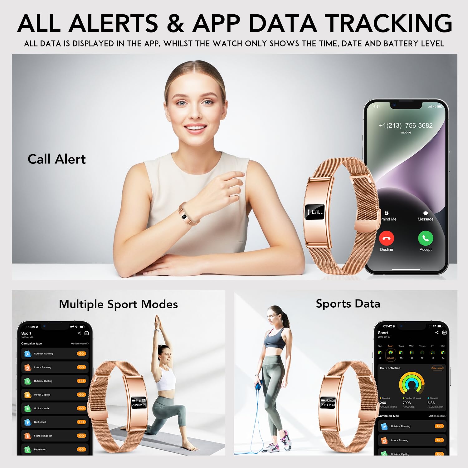 Smartwatch Damen Fitness Tracker Armband: Schrittzähler Damenuhr Fitnessuhr Smart Watch mit Herzfrequenz HRV SpO2 Schlaf Monitor Sportmodi 5ATM Wasserdicht Leicht Slim Digital band für iOS Android