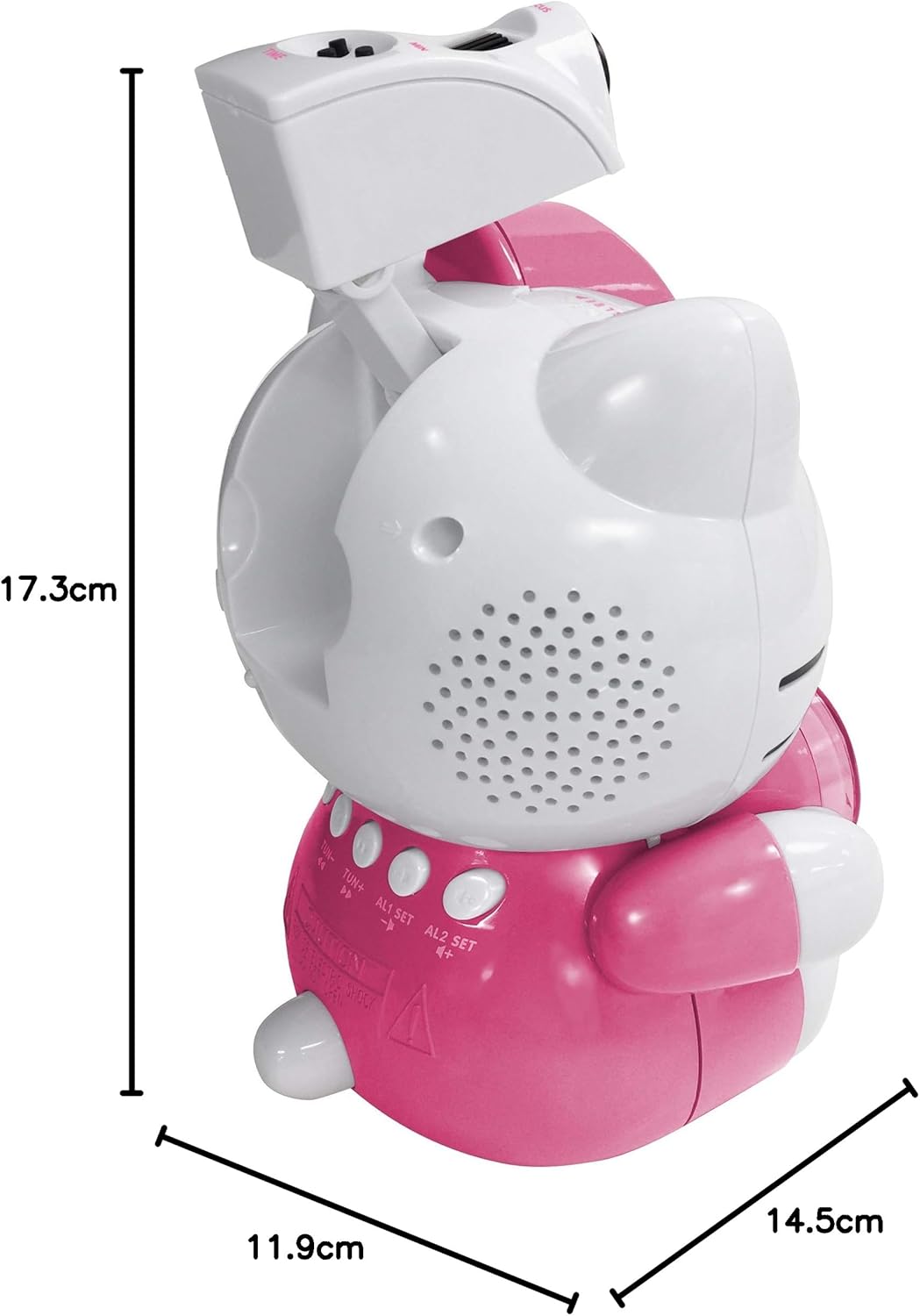 Hello Kitty KT2064 Projection Alarm Clock Radio with dimensions labeled
