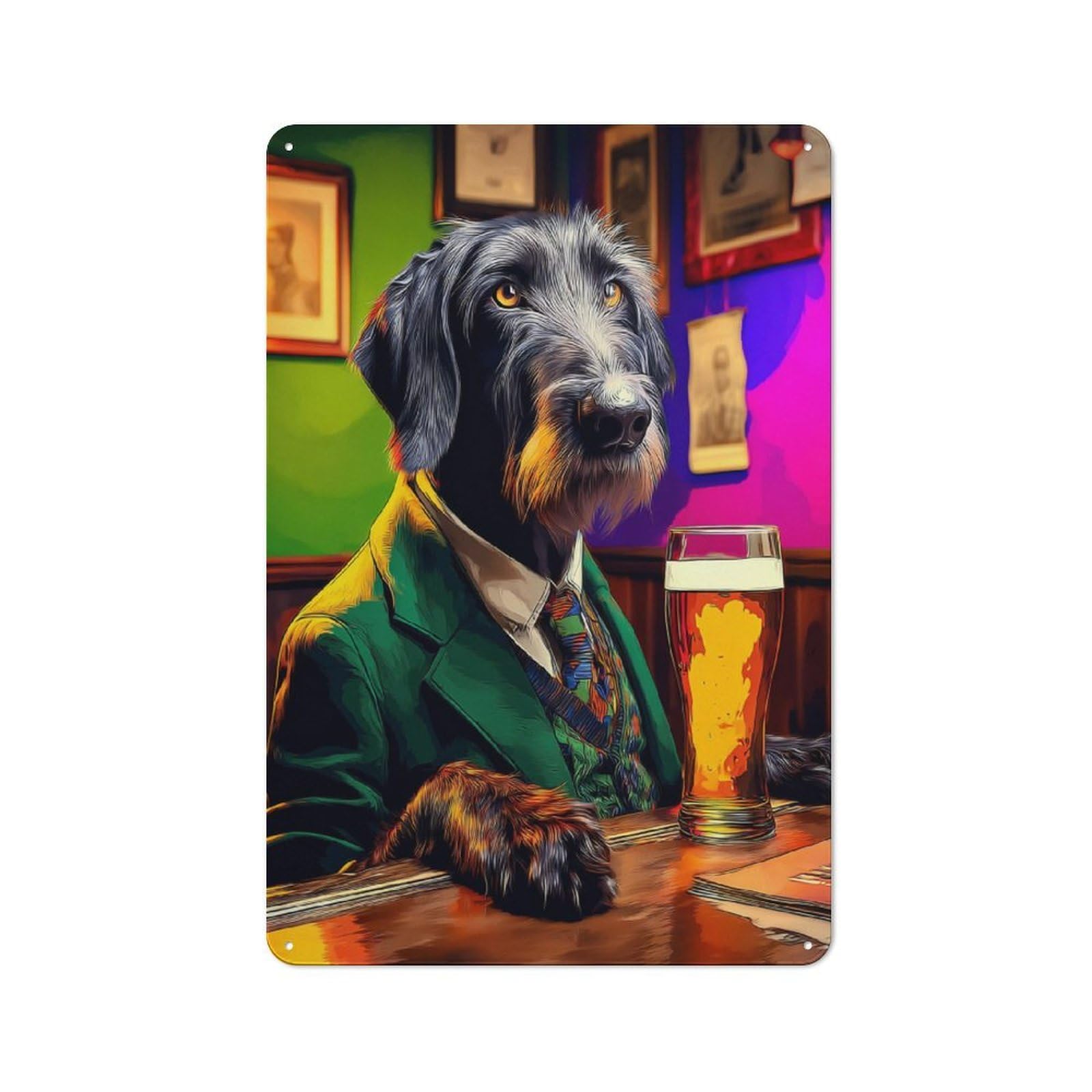 Junmoney Dog In Suit Enjoying Beer At Bar -10 Decorative Tin Plaque With Design 30X20cm, Classic Novelty Wall Art For Flat, Dorm Room, Lounge Or Cafe