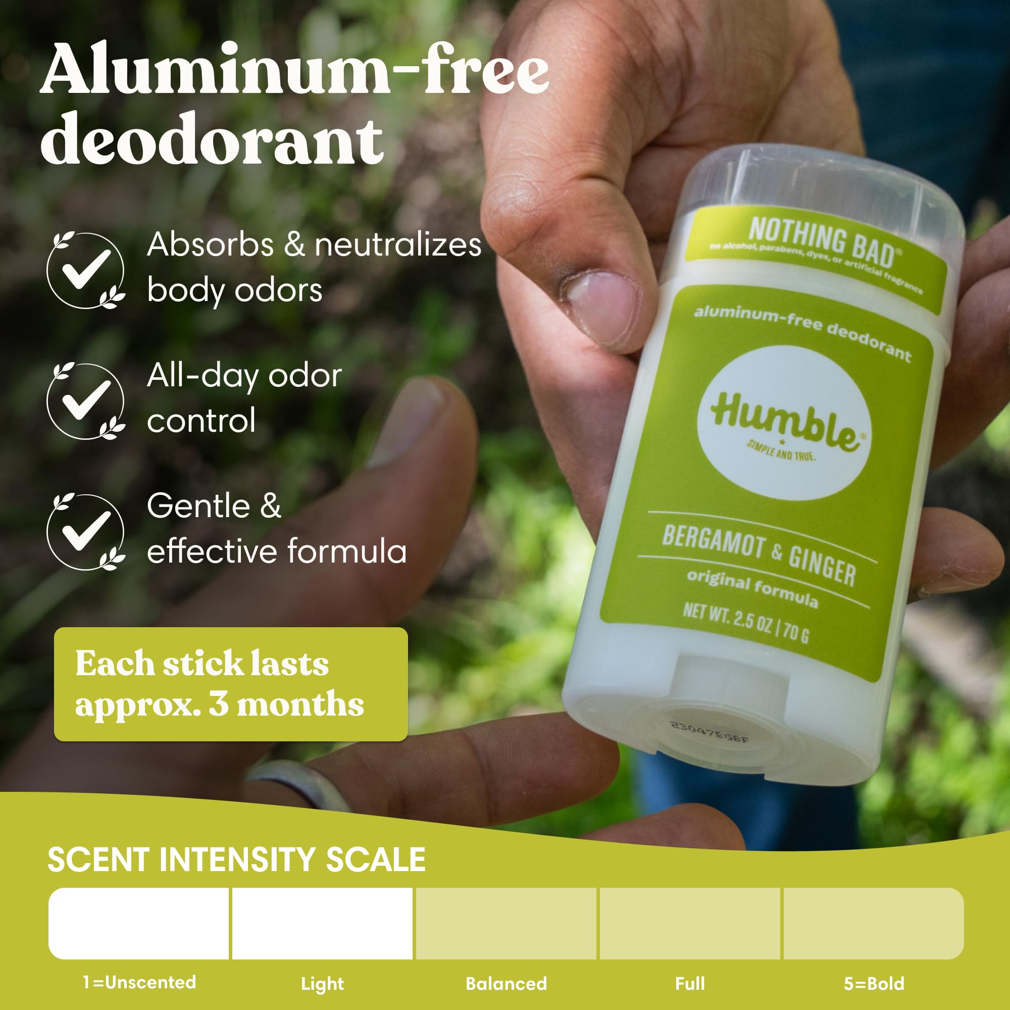 Humble alles Natur dezodorant, aluminium i parabeny, Cruelty Free dezodorant dla mężczyzn i kobiet, bergamotka i imbir, 1 opakowanie