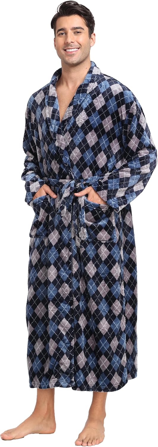Mens Plush Fleece Robe Soft Shawl Collar Bathrobe Long Fluffy Spa Robes Winter Warm House Robe with Pockets - Image 5