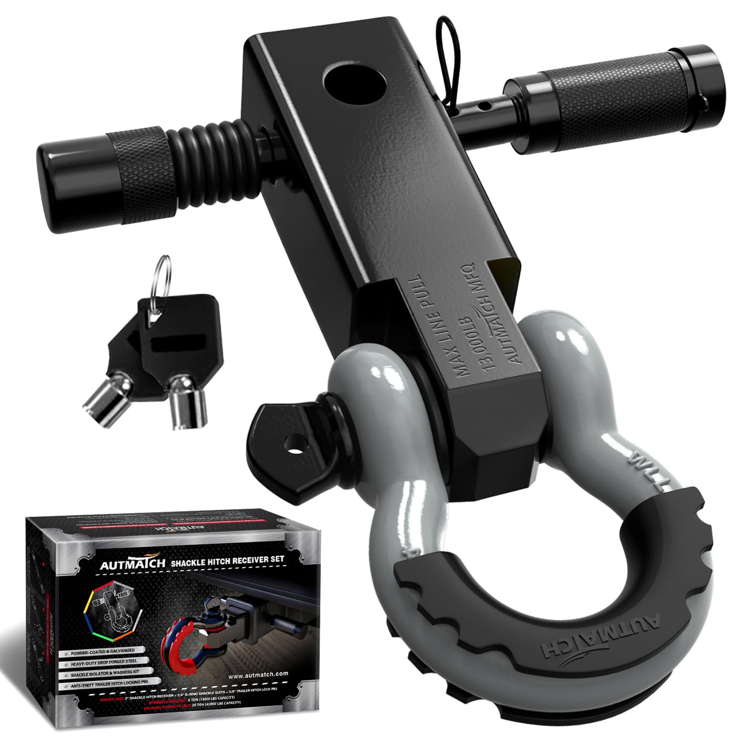 AUTMATCH Shackle Hitch Receiver 2 Inch - 3/4" D Ring Shackle and 5/8" Trailer Hitch Lock Pin, 45,000 Lbs Break Strength Heavy Duty Receiver Kit for Vehicle Recovery, Black & Gray