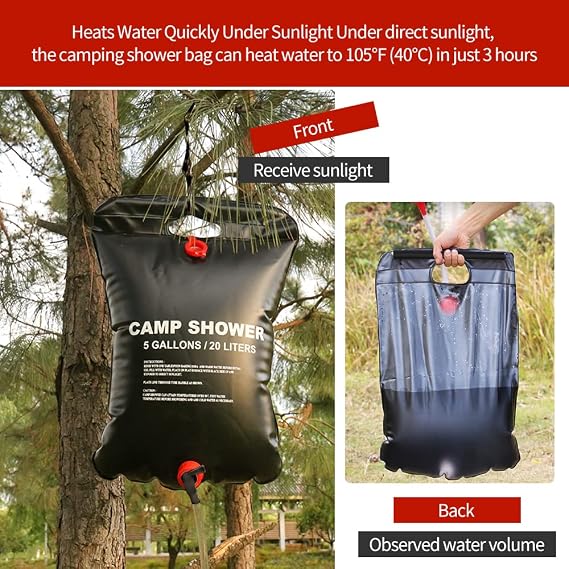 DkOvn Solar Shower Bag, 5 Gallons/20L Camping Shower Bag, Portable Shower Bag with Removable Hose and On-Off Switchable Shower Head for Camping Beach Swimming Outdoor Traveling