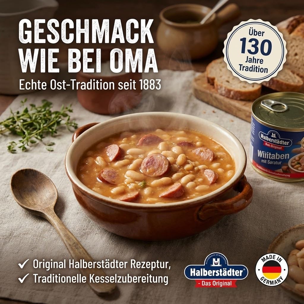 Halberstädter 12x Weiße Bohnen-Eintopf in herzhafter Fleischbrühe eingekocht mit Kartoffeln, Gemüse & original Halberstädter Würstchen