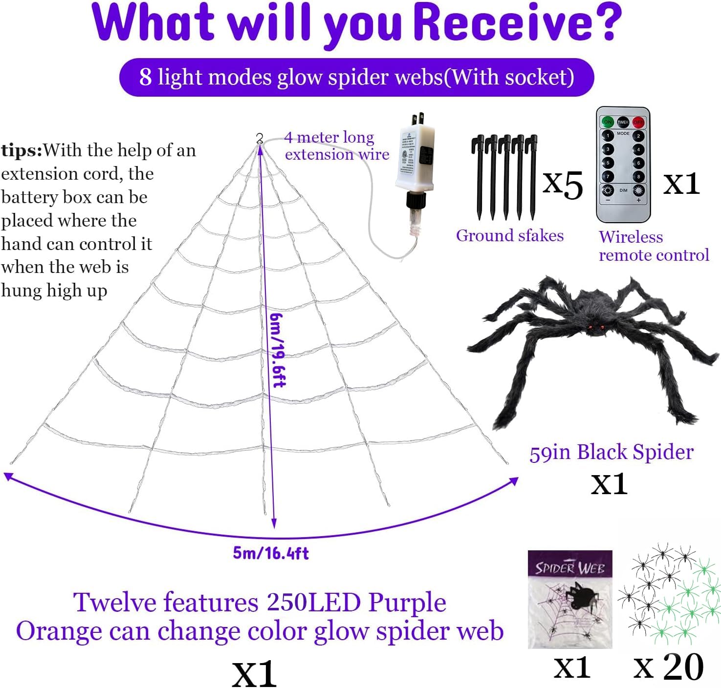 5Ft Giant Lighting Halloween Spider 20 * 17FT Spider Web 250 Led Lights Light Up Purple&Orange Triangular Battery Operated 200sqft Cobweb 20 Small Spiders for Indoor and Outdoor Decor Decoration